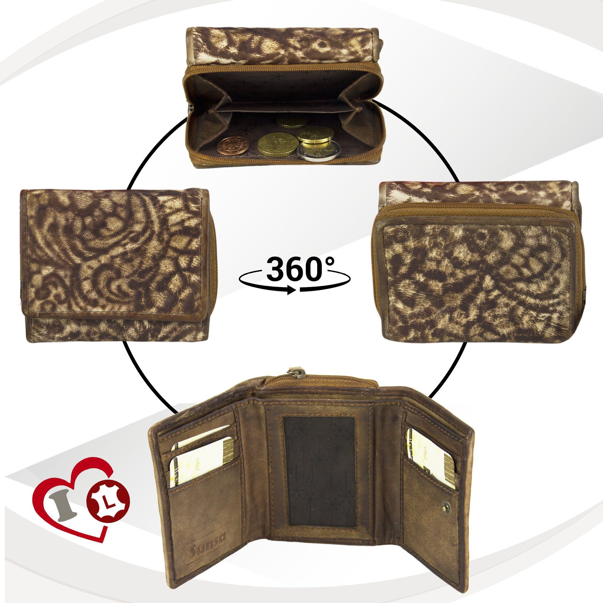Sunsa Geldbörse Mini Damen, Vintage Leder Leder, mit zeitlos Geldbeutel echt RFID-Schutz, Style, Vintage dunkelbraun Portemonnaie Brieftasche