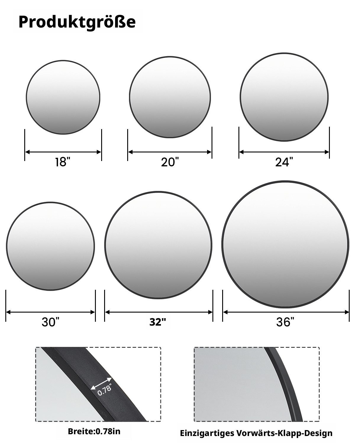 GarveeMore Badspiegel rund, 80 cm, Aluminiumrahmen, HD-Spiegelglas, hängend, umweltfreundliches Harz, für Badezimmer, Wohnzimmer, Flur, schwarz