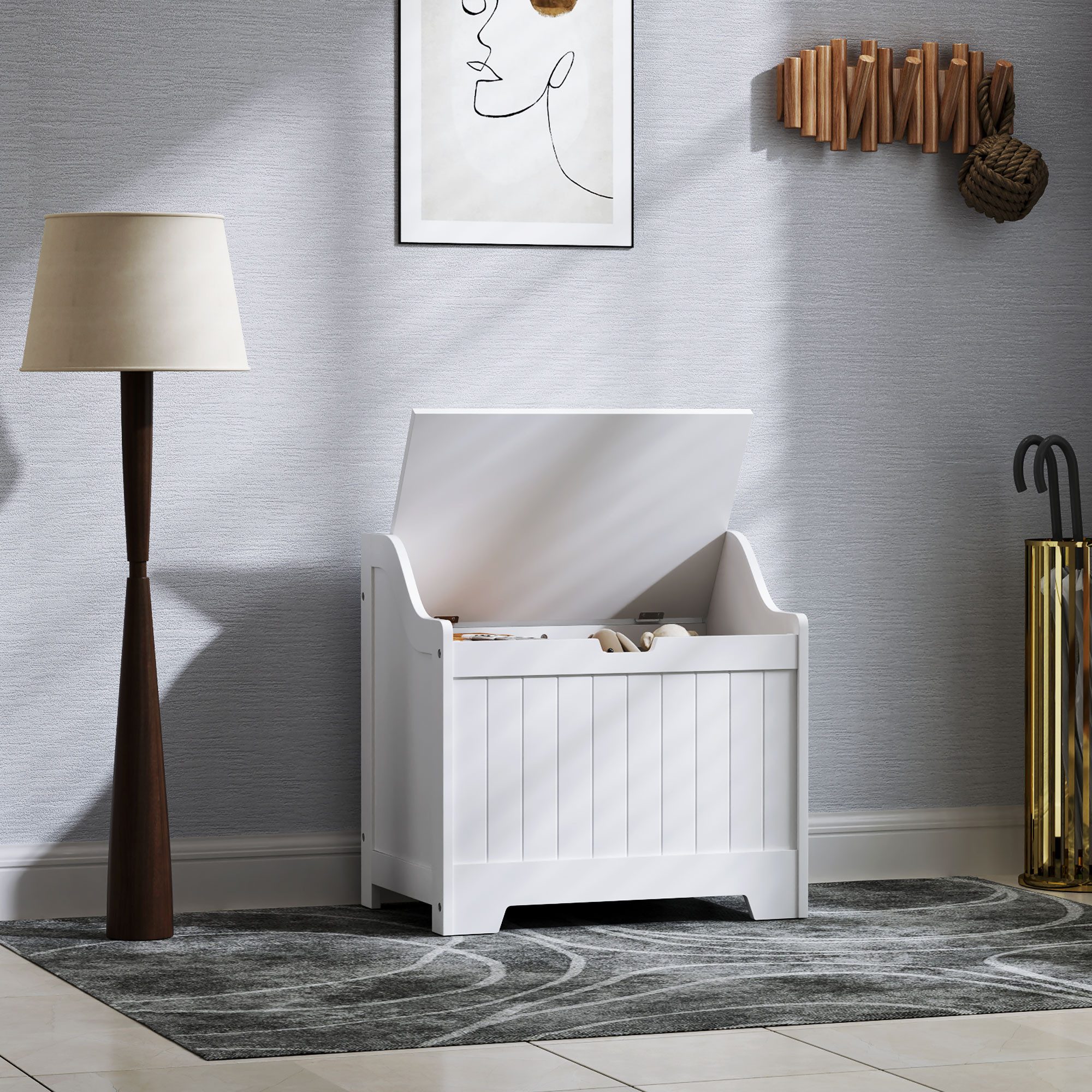 HOMCOM Truhe Aufbewahrungsbox mit Deckel, Auflagenbox, für Wohnzimmer, Schlafzimmer (Aufbewahrungsbox mit U-förmigem Griffausschnitt, 1 St., Aufbewahrungskiste aus Holz), für Wohnzimmer, 56,5 x 38 x 56 cm, weiß
