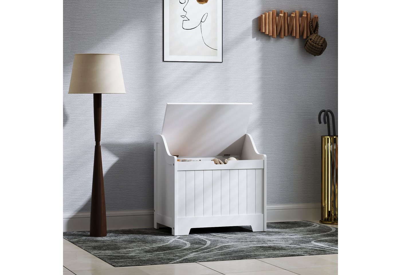 HOMCOM Truhe Aufbewahrungsbox mit Deckel, Auflagenbox, für Wohnzimmer, Schlafzimmer (Aufbewahrungsbox mit U-förmigem Griffausschnitt, 1 St., Aufbewahrungskiste aus Holz), für Wohnzimmer, 56,5 x 38 x 56 cm, weiß