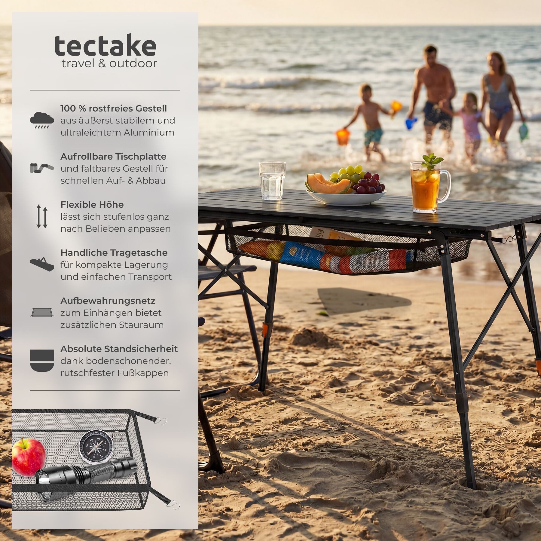 tectake Campingtisch Aluminium Klapptisch - faltbar, wetterfest, 120 x 70,5 x 58 – 79 cm (Outdoor Beistelltisch Bastian, 1-St., in schwarz), höhenverstellbar, mit Aufbewahrungsnetz und Tragetasche