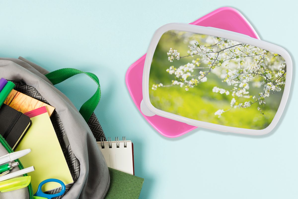 Brotbox Kunststoff Kunststoff, MuchoWow Lunchbox (2-tlg), Brotdose - - Frühling Kinder, Snackbox, für Weiß, Blüte Erwachsene, Mädchen, rosa