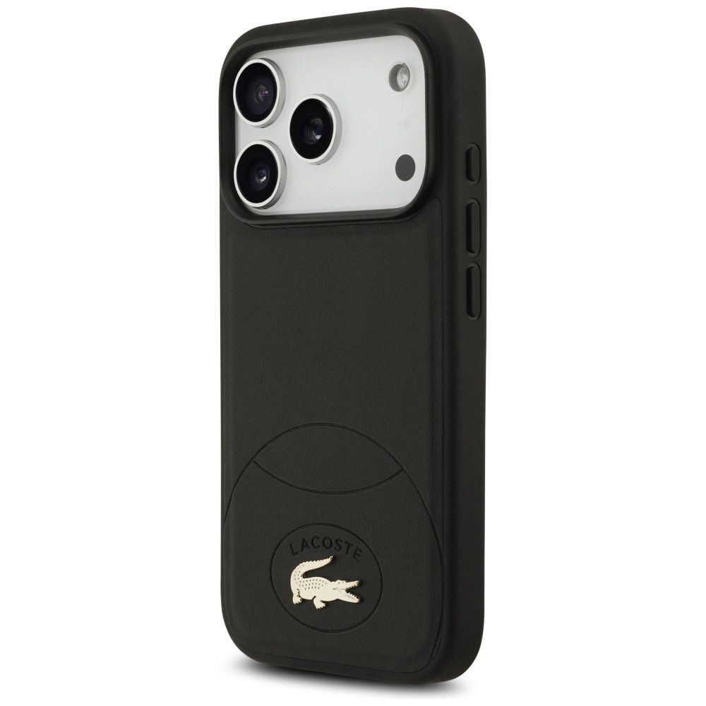 Lacoste Handyhülle Bliss MagSafe Hülle iPhone 17 Pro Kunstleder Schwarz Logo Metall 6,3 Zoll, Kantenschutz