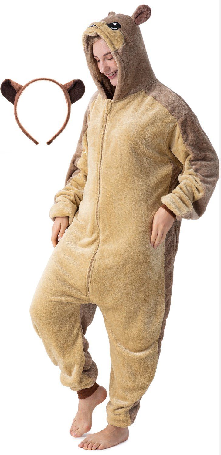Corimori Partyanzug Flauschiges Murmeltier-Kostüm für Erwachsene mit Haarreif,  Karneval, Jumpsuit, Pyjama, Fasching, Kigurumi, Tierkostüme, Murmeltier "Nora"