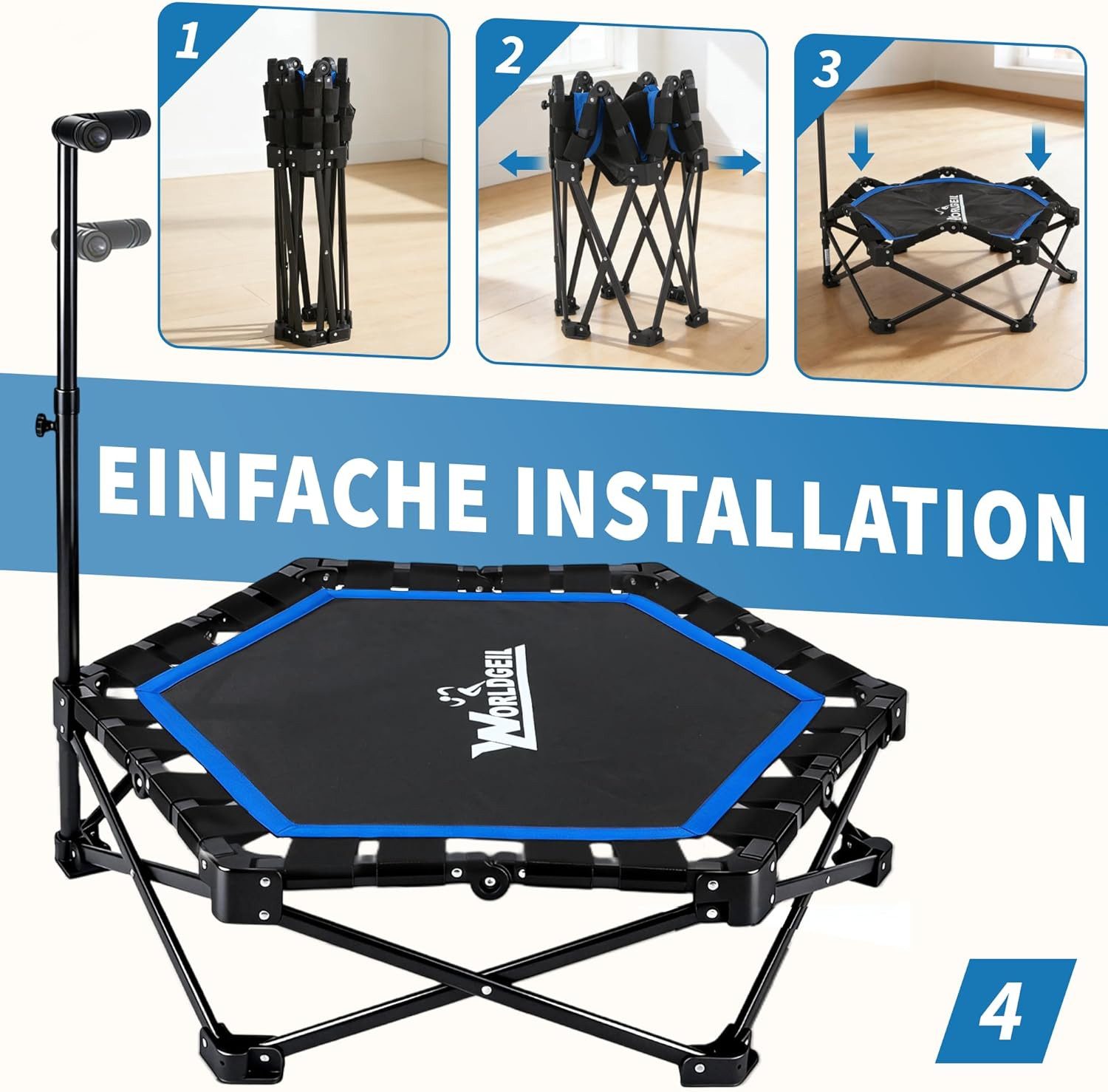 ZMH Fitnesstrampolin Trampolin Indoor Klappbar - mit Höhenverstellbarer Handgriff, Tragkraft 120 kg - Ø 86.5 cm - Jumping Trampolin Fitness