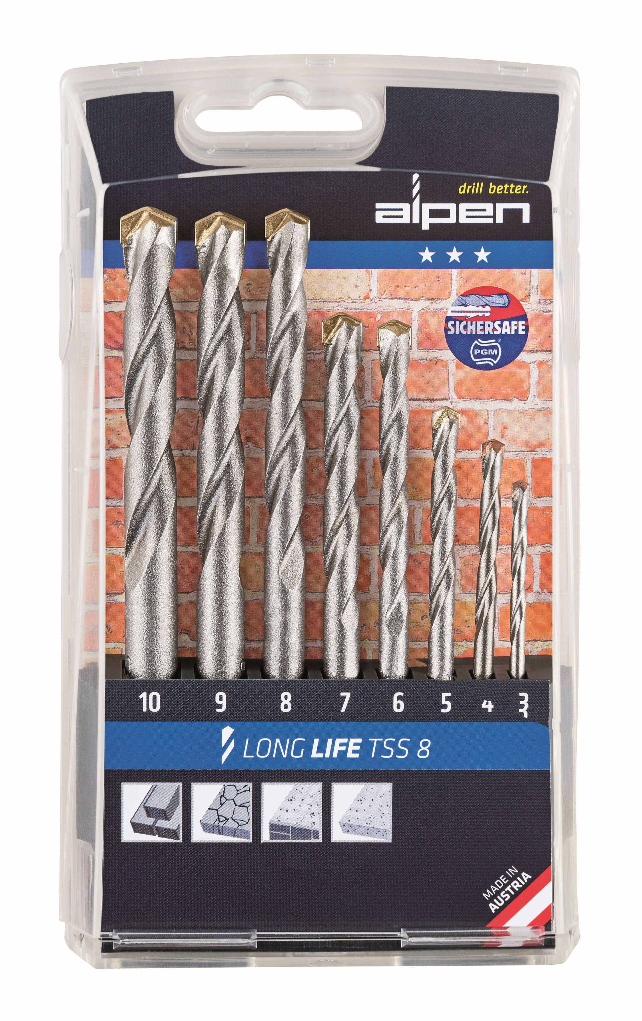 Alpen Steinbohrer Alpen Bohrer HM Steinbohrer Set Long Life TSS 8, 8-teilig Ã¸ 3 - 10 mm