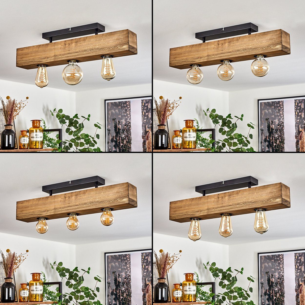 hofstein Deckenleuchte »Crova« längliche Deckenlampe aus Metall/Holz in Schwarz/Dunkelbraun, ohne Leuchtmittel, moderne Leuchte mit Holzbalken, 3xE27