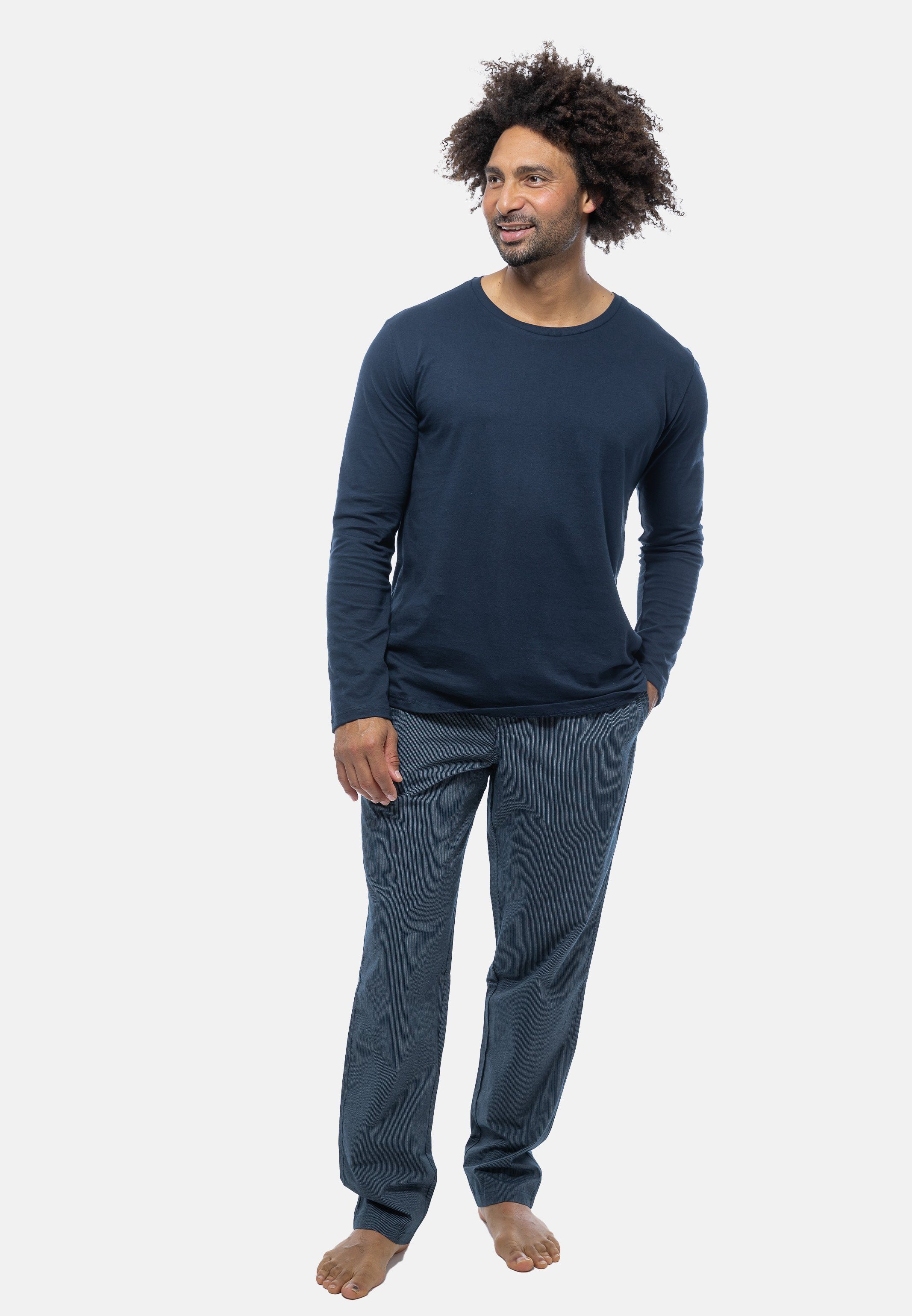 (Set, Schiesser tlg) 2 Blau - Pyjama - Schlafanzug Rundhals-Ausschnitt mit Mix gemustert Baumwolle Langarm-Shirt