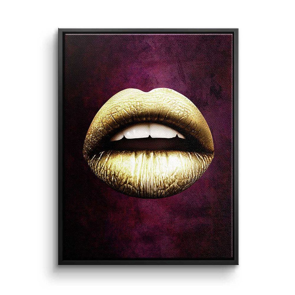 DOTCOMCANVAS® Leinwandbild, Premium Leinwandbild - Pop Art - Lippen X Red & Gold - modernes Wand schwarzer Rahmen
