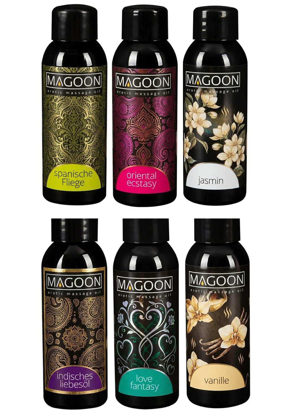 Magoon Massageöl 6er Set Massageöle mit erotischem Duft, Mystik-Duft wie aus 1001 Nacht