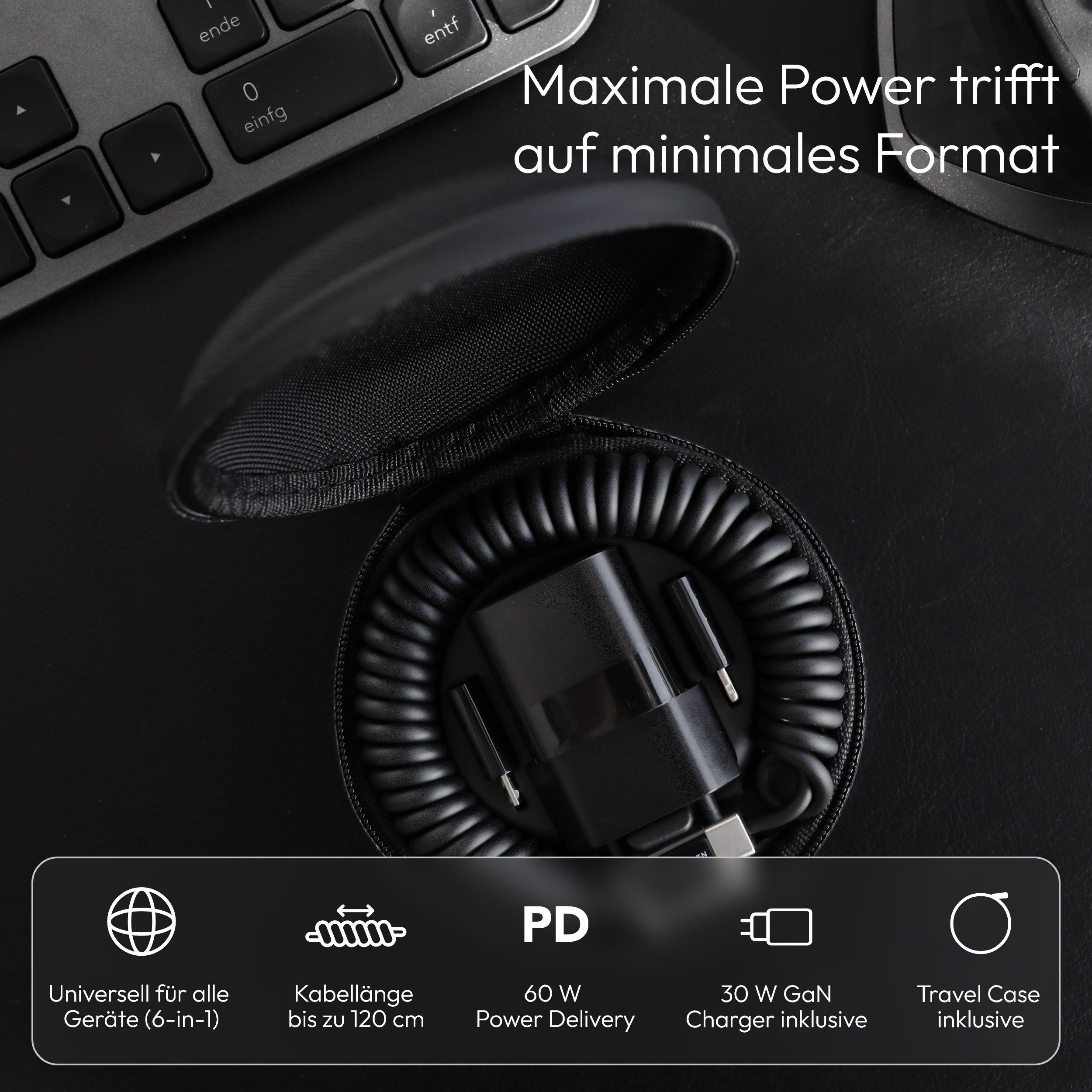 VONMÄHLEN allroundo® GaN USB-Ladegerät (All-in-One Lade- und Datenkabel, Reise-Etui, integrierte Adapter)