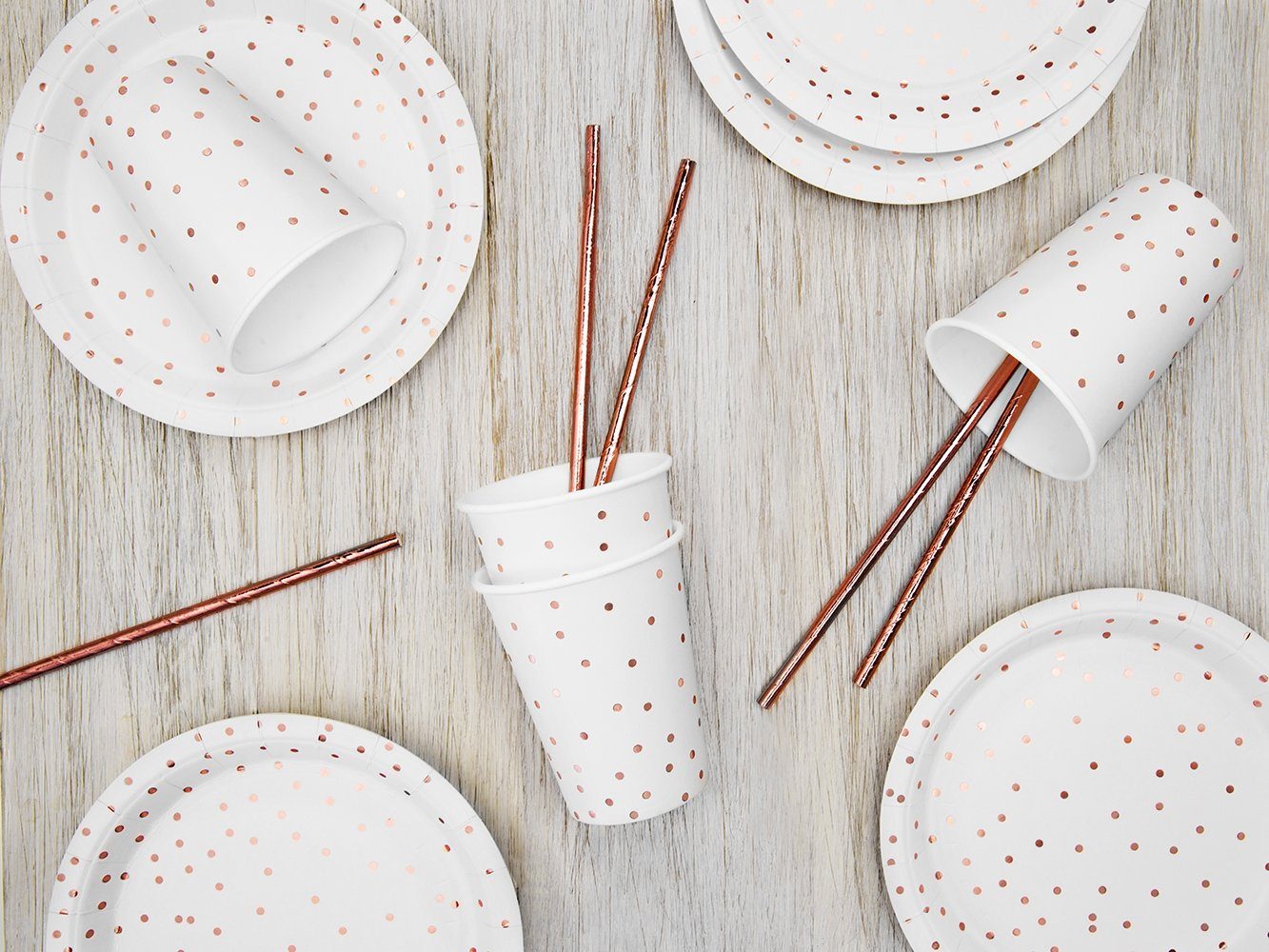 partydeco Einwegbecher, Papier, Pappbecher Punkte 260ml weiß roségold 6er Set