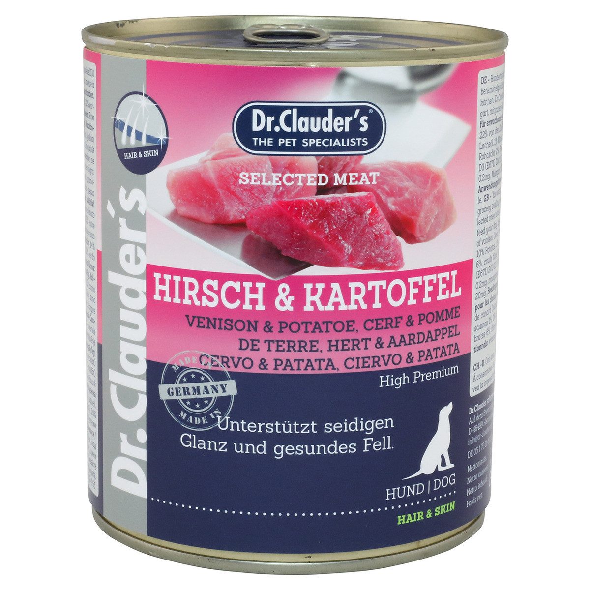 Dr. Clauder's Selected Meat mit Hirsch & Kartoffeln 800 g - 6 Stück, Nassfutter für: Hund