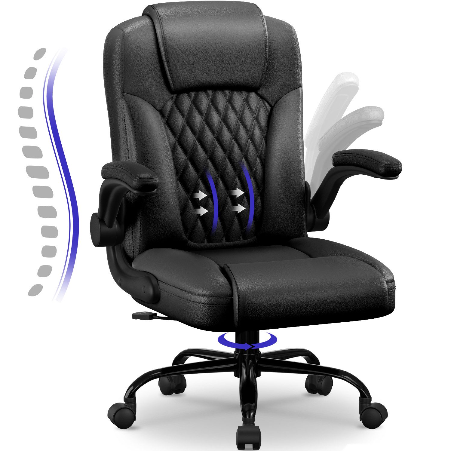 Fukstern Bürostuhl Ergonomischer Bürostuhl mit 90° klappbaren Armlehnen (Atmungsaktiver Mesh-Bezug, Rücken- und Taillenstütze, Neigung fixierbar bei 90° (maximal kippbar bis 120), bis 150 kg belastbar