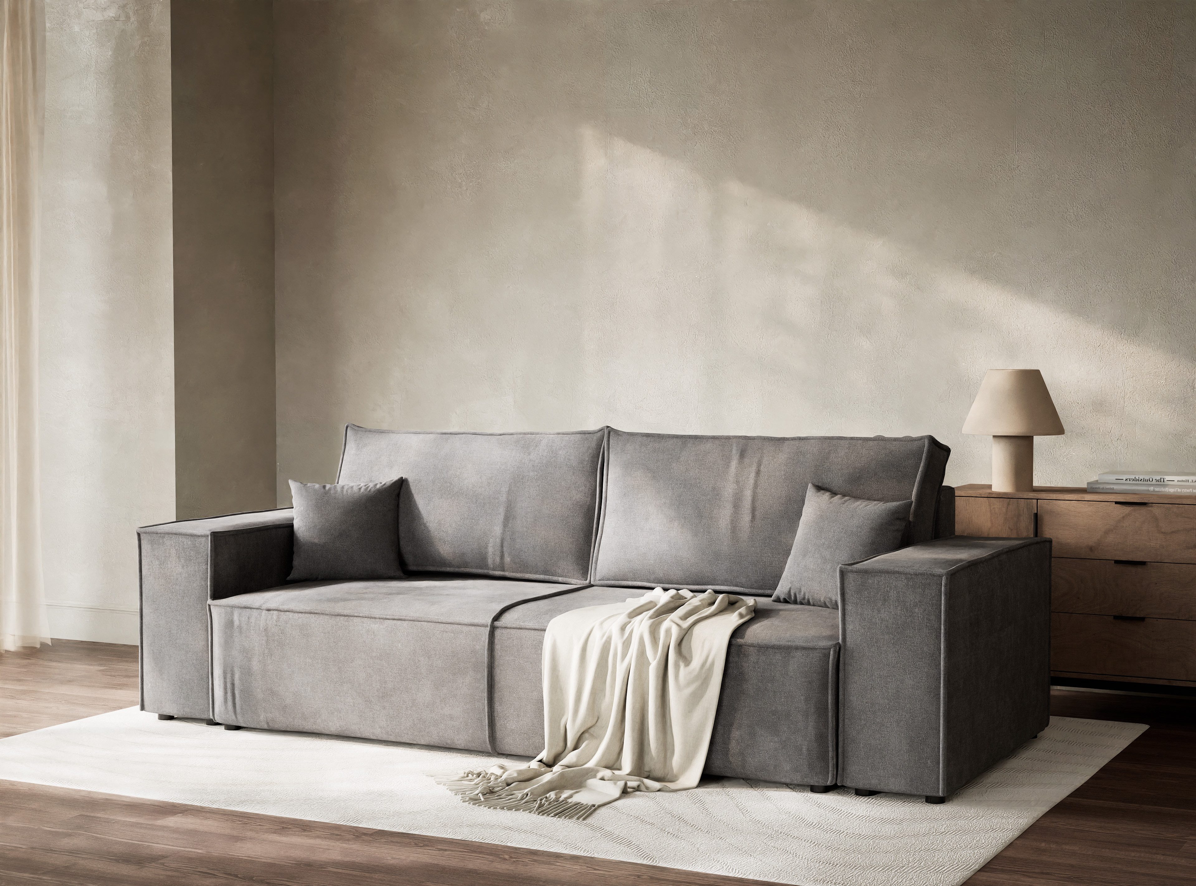 Maison de Rêve 3-Sitzer Sofa mit Schlaffunktion Milos, Schlafsofa mit Bettkasten und Zierkissen, Liegefläche 135x200 cm