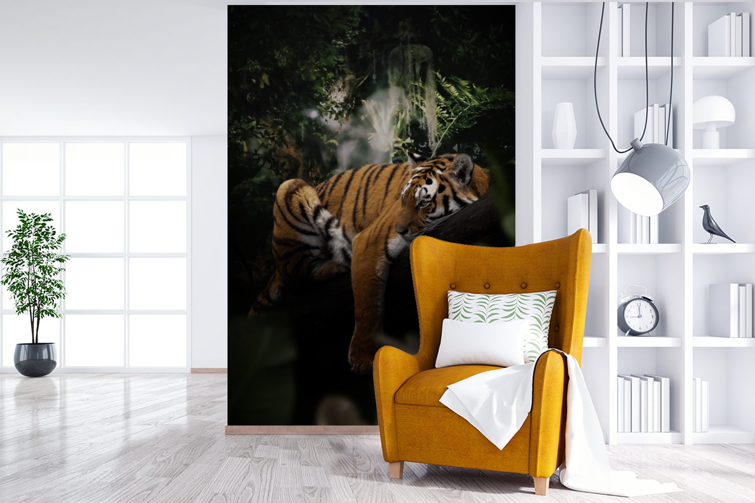 Matt, bedruckt, St), Montagefertig Tiger für MuchoWow Tapete - Wohnzimmer, (3 Vinyl Baum, Dschungel Wandtapete - Fototapete
