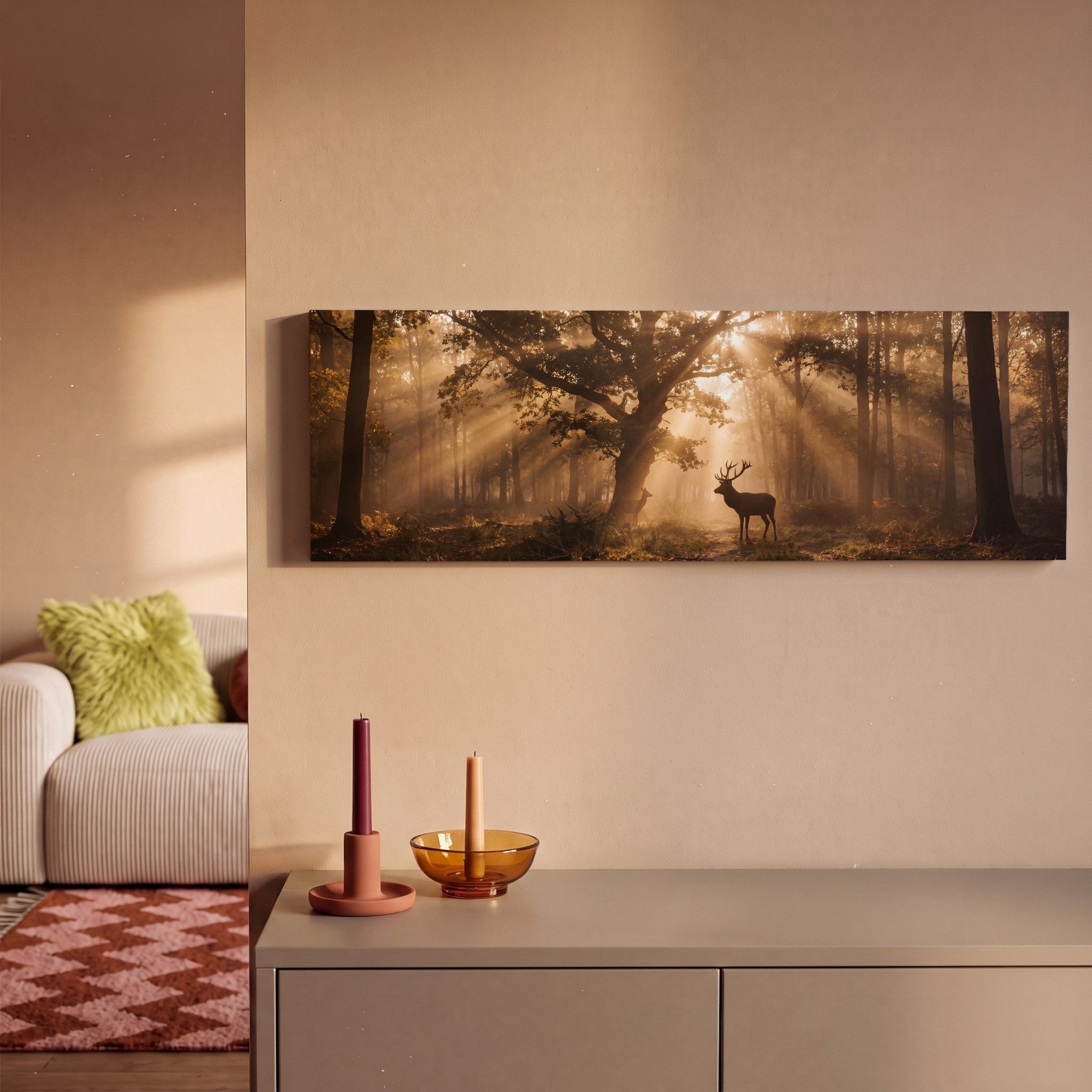 OneMillionCanvasses® Leinwandbild Panorama Hirsch - Wald - Neblig - Natur - Gold, Fotodruck (1 St), Wandbild, Deko Schlafzimmer Wohnzimmer Flur 60x20 cm – Bild 2 von 5