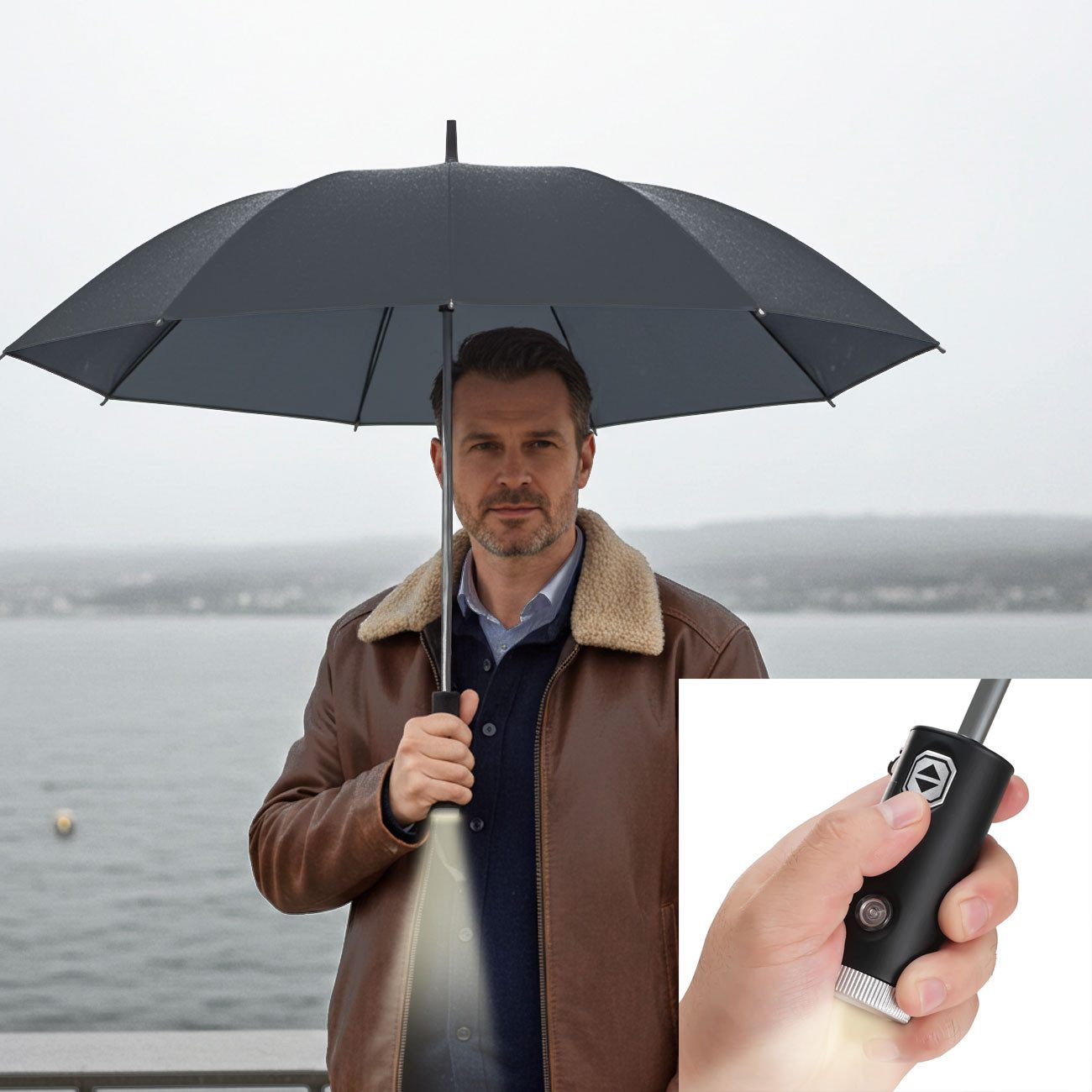 shop'n smile ideoon Taschenregenschirm Faltbarer Regenschirm LED Taschenlampe Taschenschirm Schirmdach Ø105cm, Geöffnet: Ø 105 x 62 cm/Auto-Öffnen & -Schließen/Handschlaufe