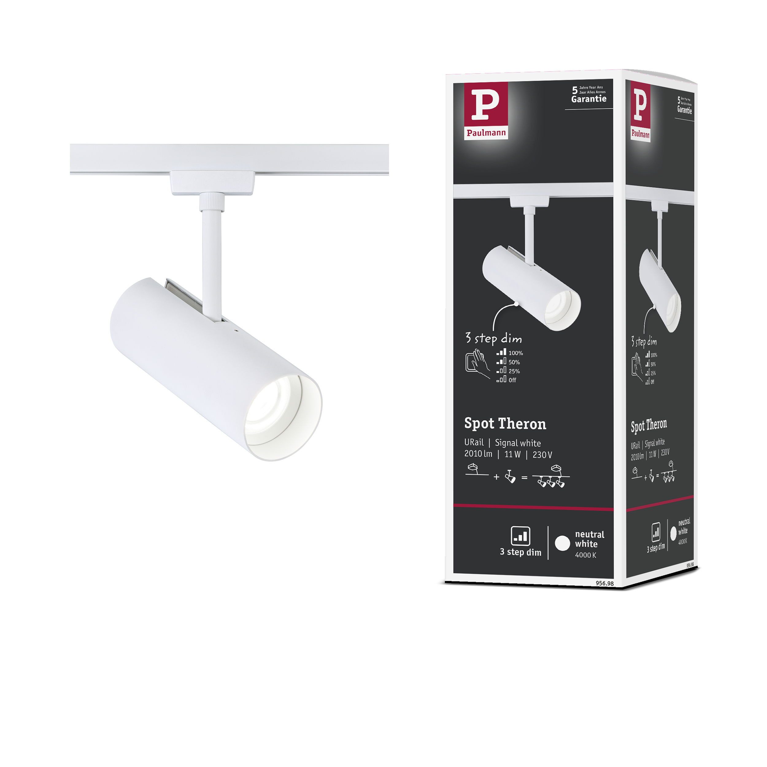 Paulmann Schienensystem-Leuchten Theron 1100lm 11W 4000K dimmbar 230V, Memoryfunktion, mehrere Helligkeitsstufen, LED fest integriert, Neutralweiß, 3-Step-Dim