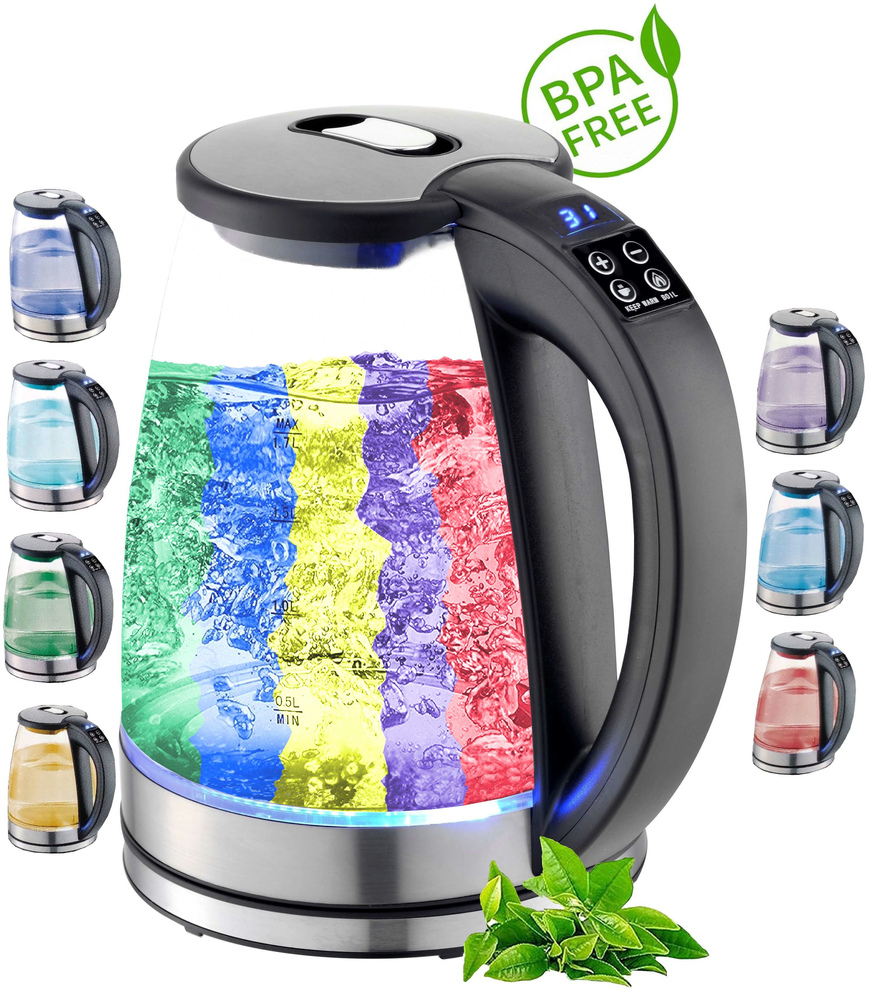 ecosa Wasserkocher EO 610 1.8 l 2200 W Temperatureinstellung LED Beleuchtung Edelstahl BPA frei Farbwechsel