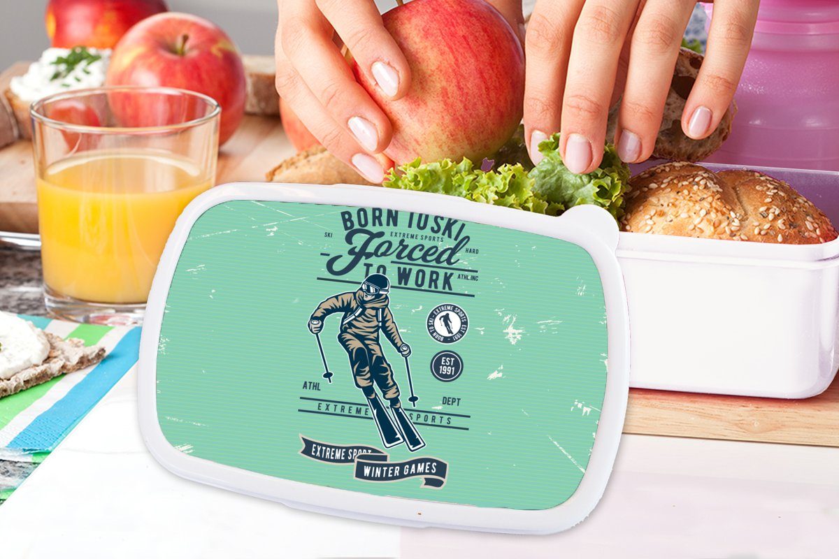 MuchoWow Lunchbox Skianzug Erwachsene, Brotbox - Retro Brotdose, für Mädchen (2-tlg), und für - weiß Grün, Jungs und Kunststoff, Kinder