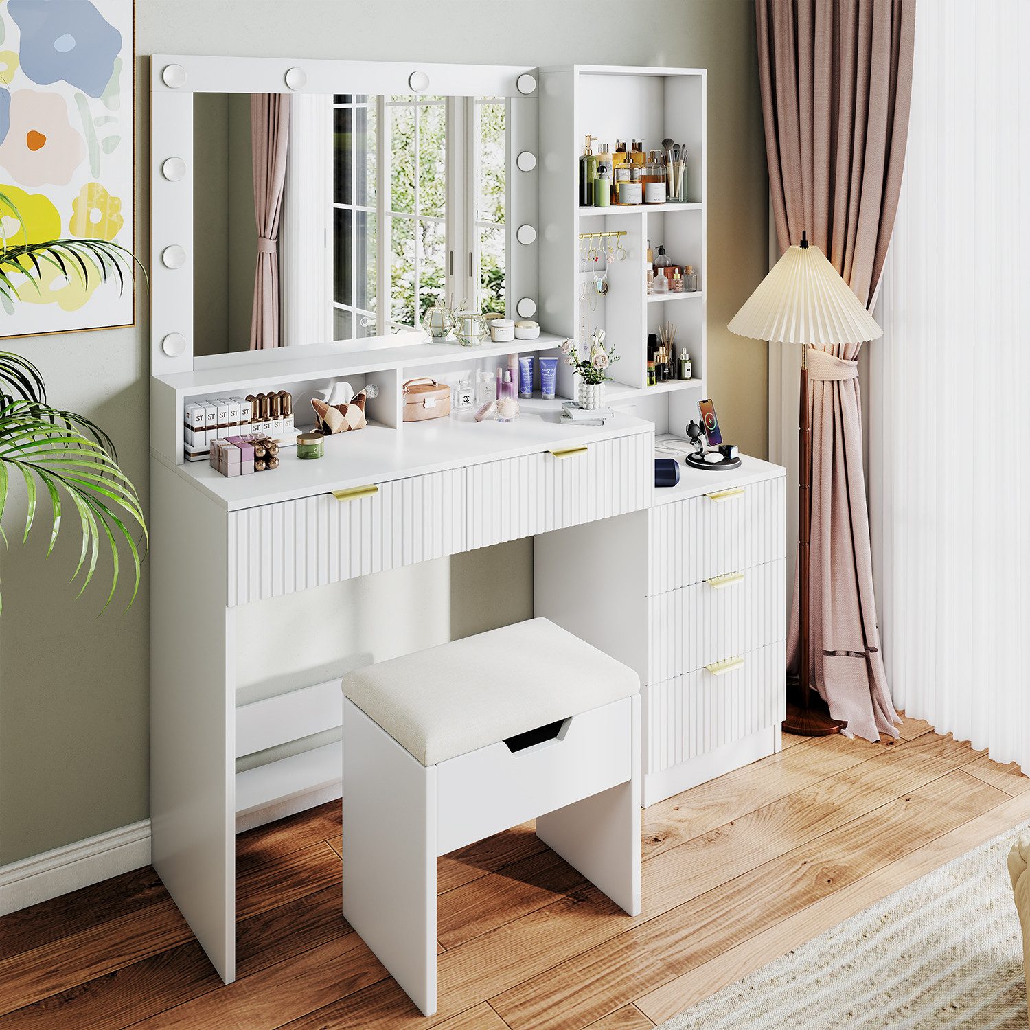 Furnicopia Schminktisch Einstellbare LED-Beleuchtung Fünf Schubladen günstig online kaufen