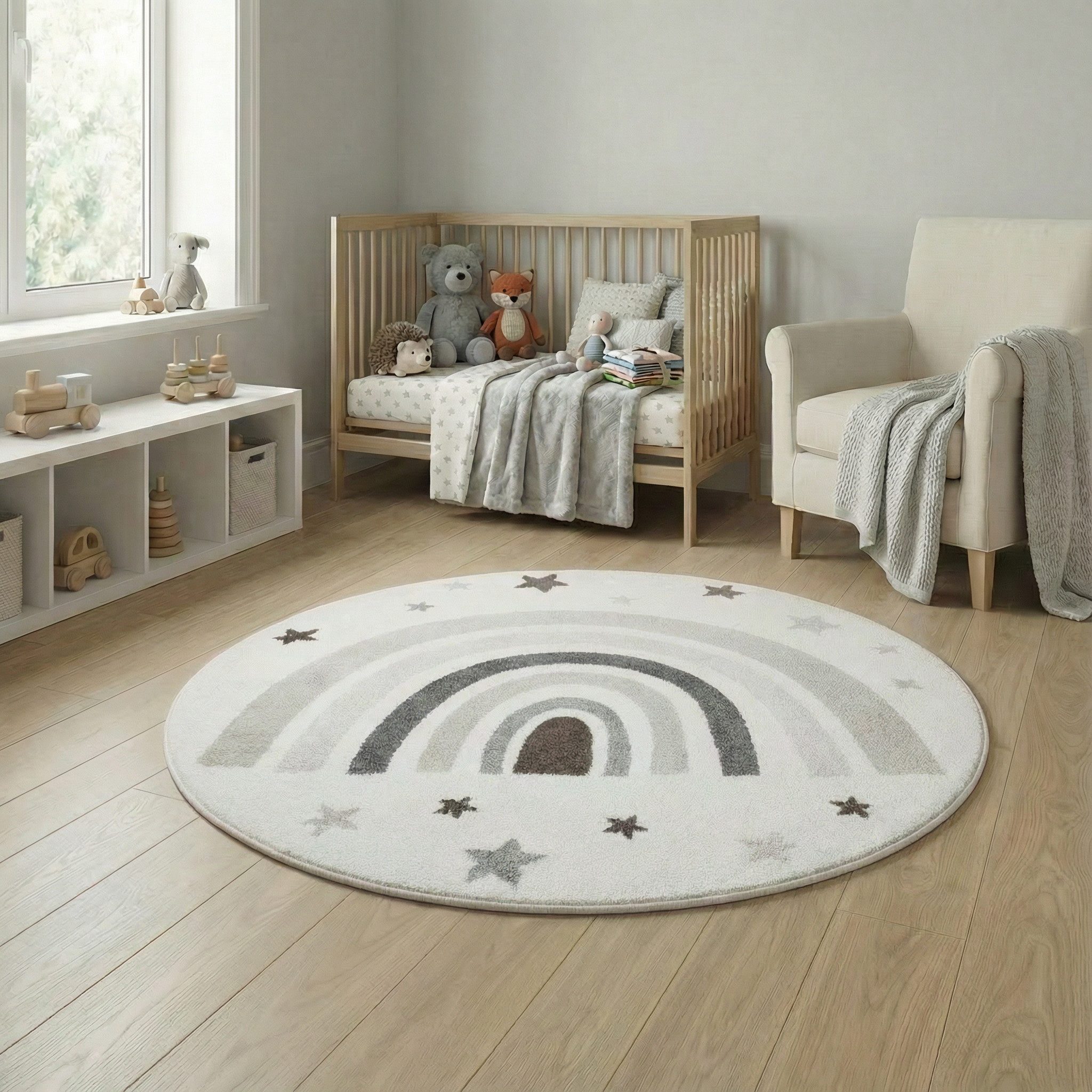 Jimri Kinderteppich DOT´S Teppiche für Kinderzimmer, Kinderzimmerteppich, Teppich, Rund, Regenbogen
