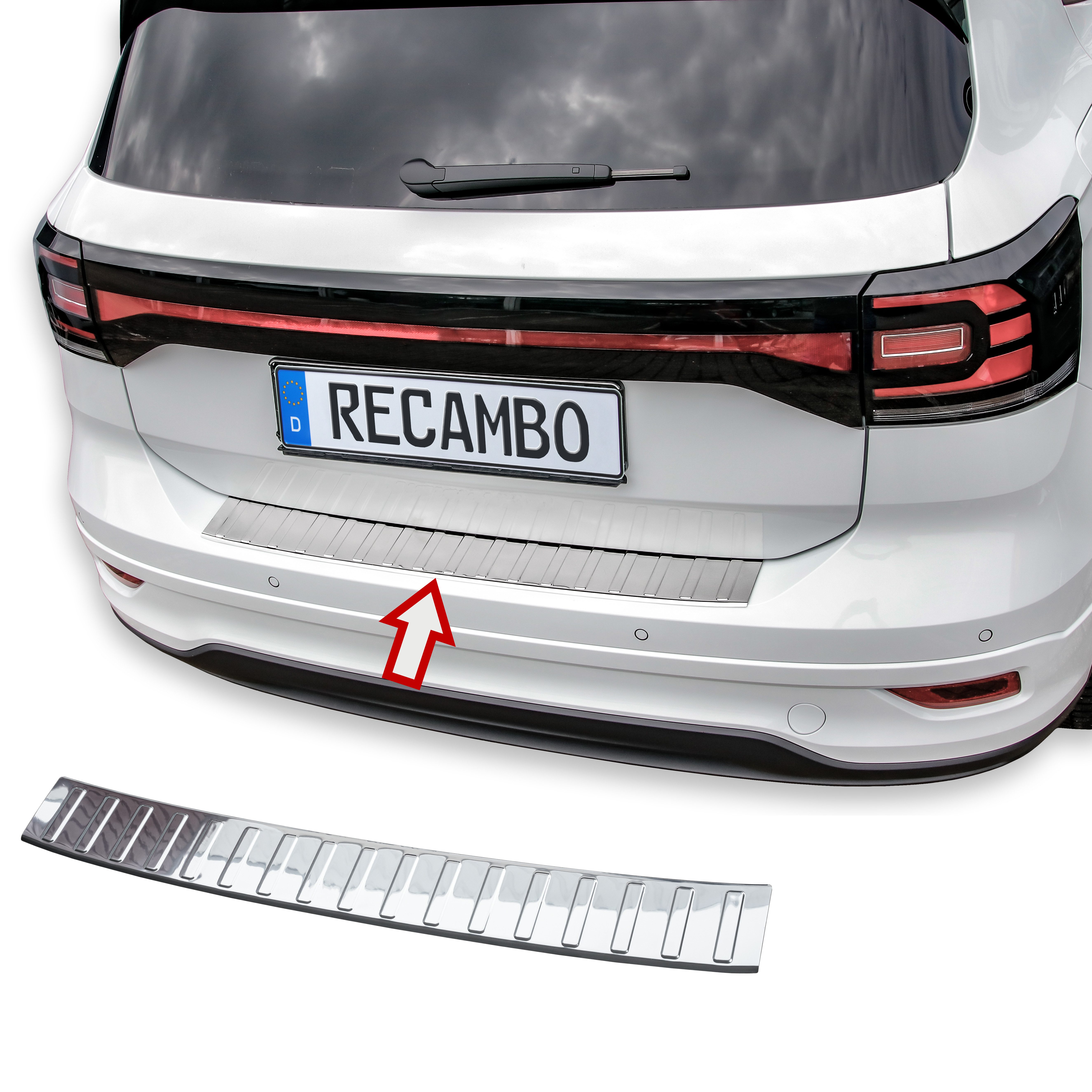 RECAMBO Ladekantenschutz für VW T-Cross, BJ ab 2018> Stoßstangenschutz, V2A rostfrei, Exklusive Optik, praktischer Schutz & perfekte Passform