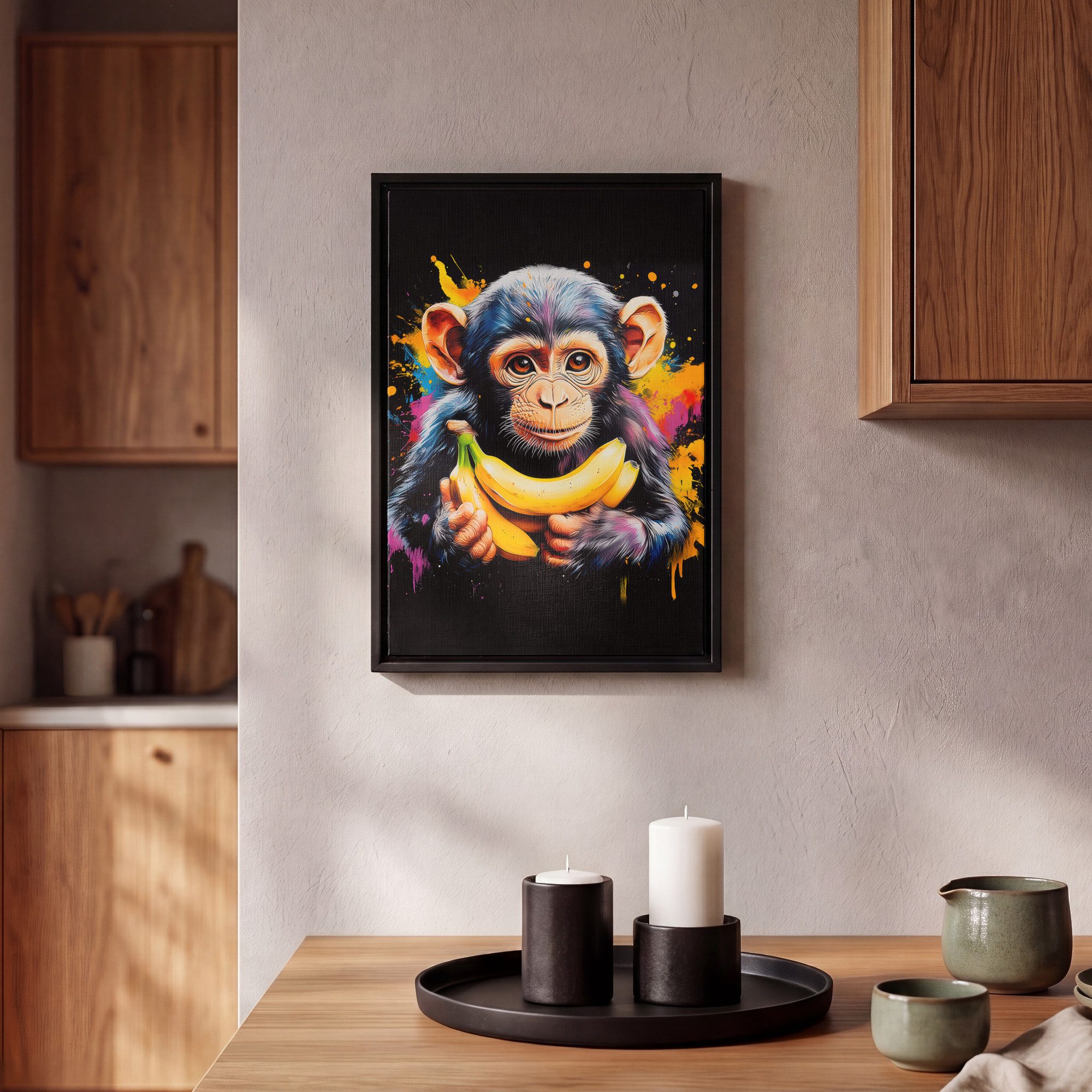 OneMillionCanvasses® Leinwandbild mit Rahmen - Affe - Graffiti - Farbenfroh - Bananen - Modern, Fotodruck (1 St), Deko für Wohnzimmer Schlafzimmer Küche 20x30cm