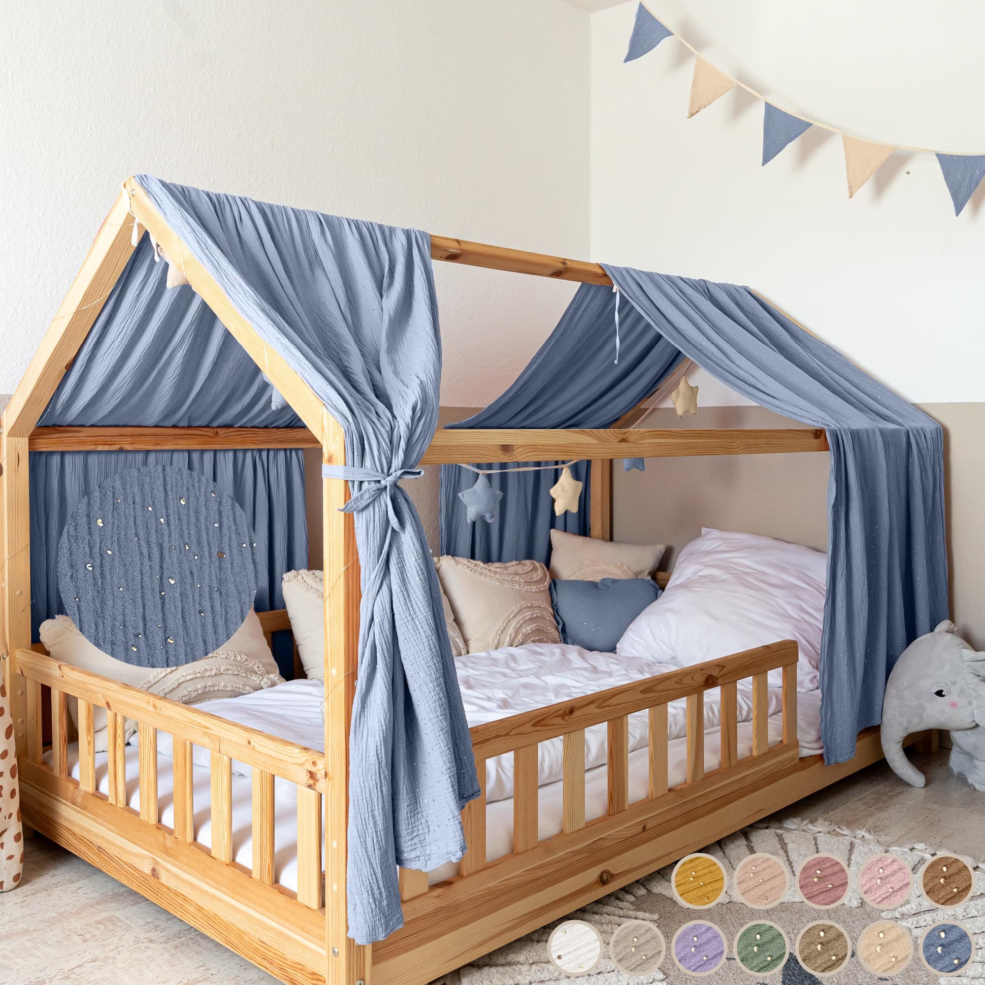 lilimaus Балдахин для кровати Musselin Hausbett Himmel für Kinderzimmer mit Gold Applikation, Musselin Балдахин для кровати aus Baumwolle für Kinderzimmer-Deko