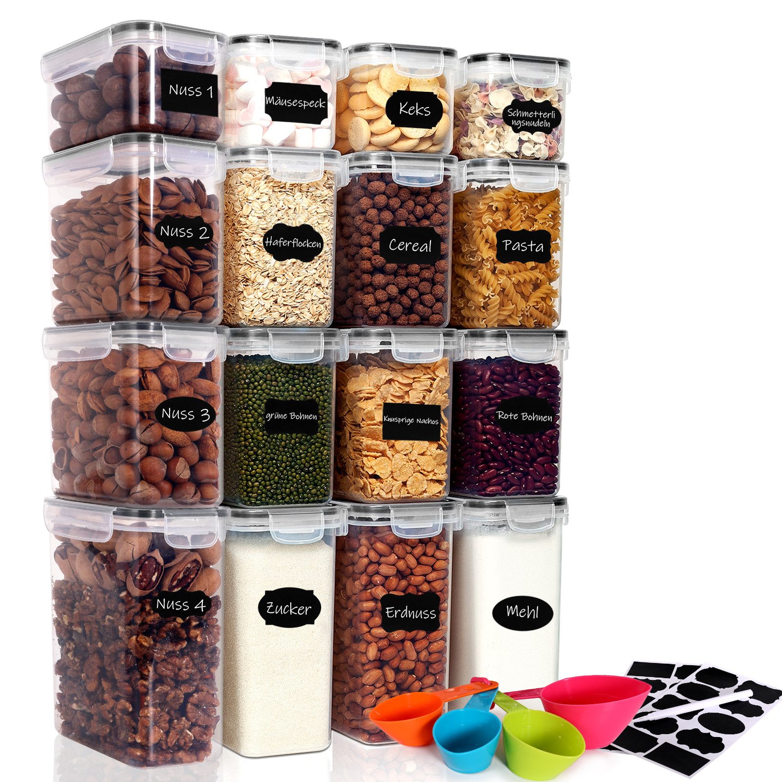 CALIYO Vorratsdose 16 Set Vorratsdosen Küche Behälter, Aufbewahrungsbox Mit Deckel, Polyprophylen (PP), (16-tlg., Polyprophylen (PP) Vorratsdosen für alle trockenen Lebensmittel), Vorratsgläser zur Aufbewahrung von Nudeln und Müsli