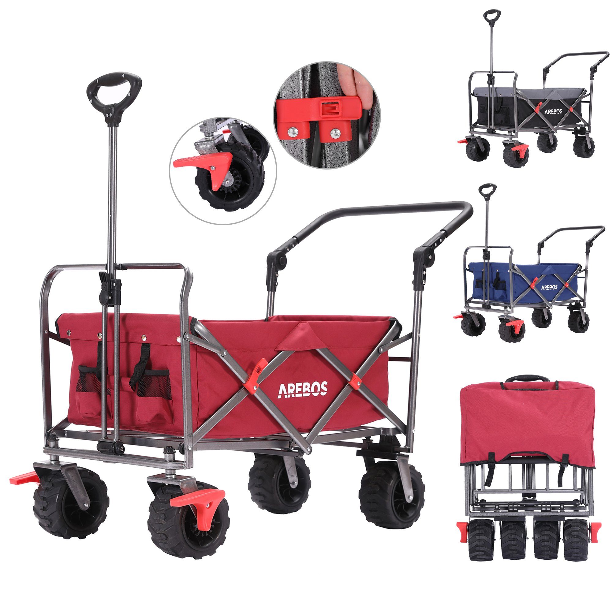Arebos Bollerwagen Faltbarer Handwagen mit Dach – Transportkarre für Garten & Freizeit, PU-Räder und verstellbaren Griff