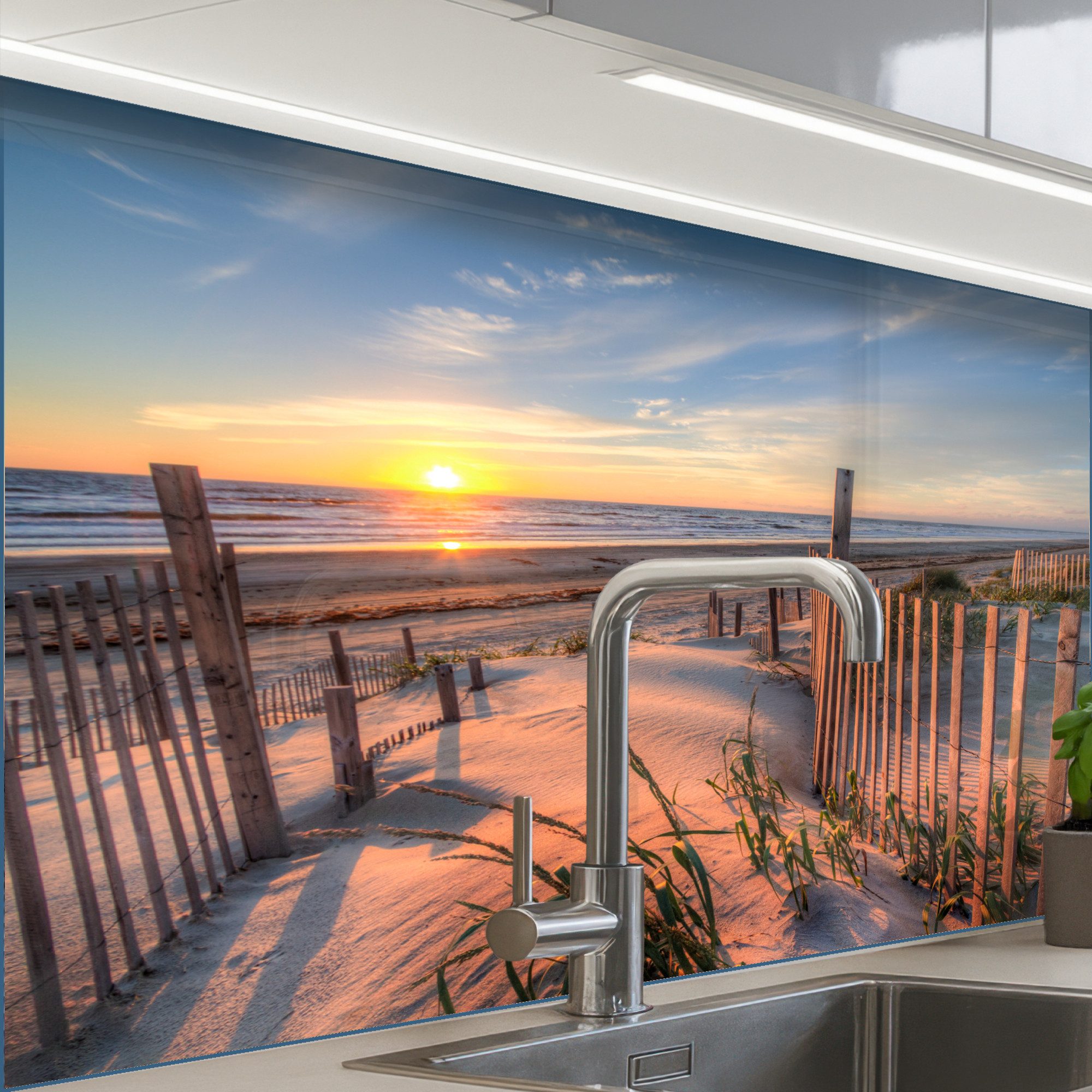 KitchenYeah Küchenrückwand selbstklebend Strand - Meer - Düne - Sonnenunter günstig online kaufen