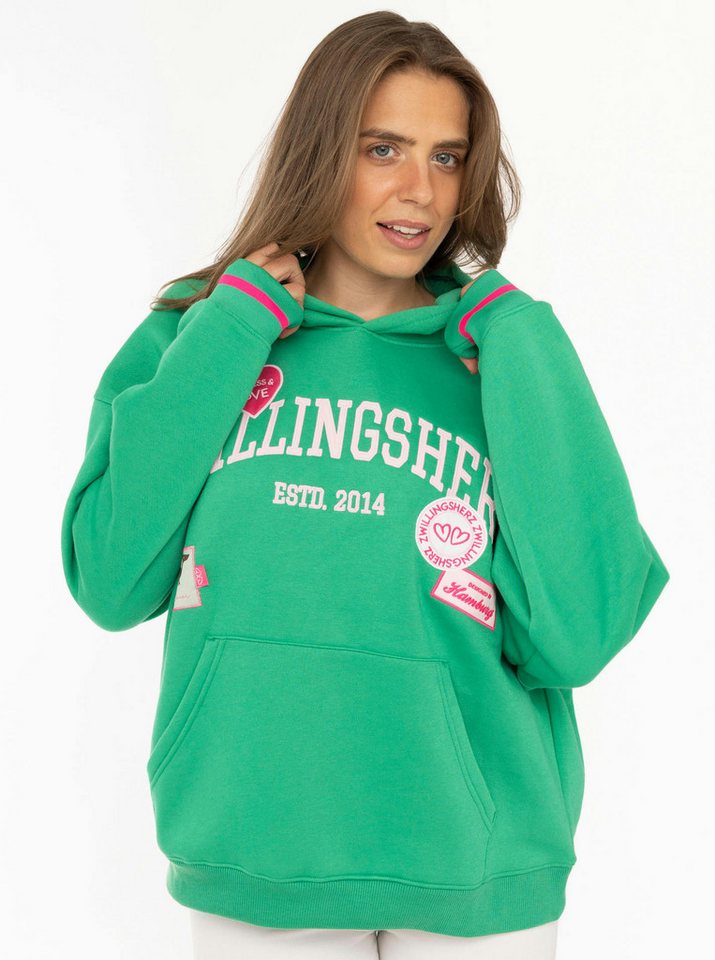 Zwillingsherz Hoodie "Zwillingsherz Patches" Oversize-Fit, Kapuze, großer Schriftzug und Patches, Kängurutasche