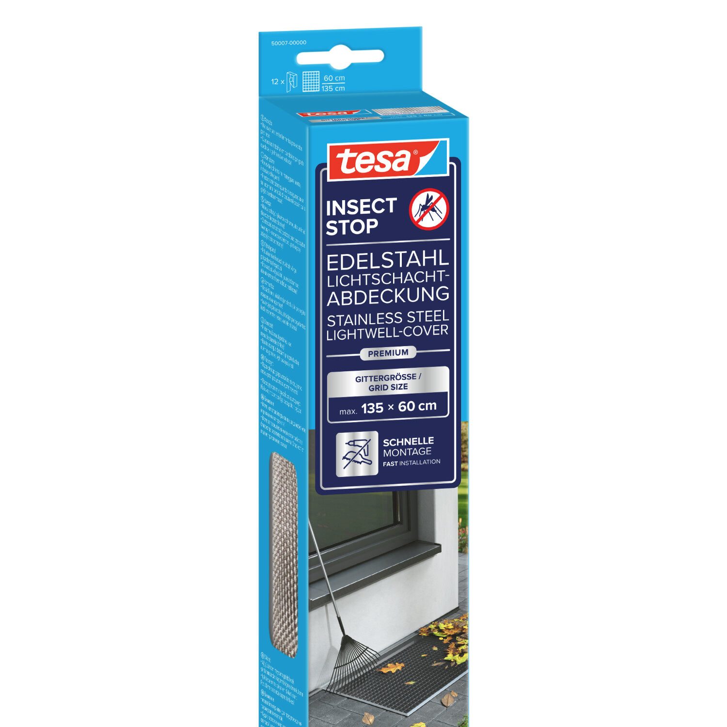 tesa Fliegengitter-Gewebe Edelstahl Lichtschachtabdeckung Premium - einfache Montage, (Komplett-Set, INSECT STOP für Kellerfenster, witterungsbeständig 1,35m x 60cm), Schutz vor Insekten, Nagetieren und Schmutz, einfache Montage