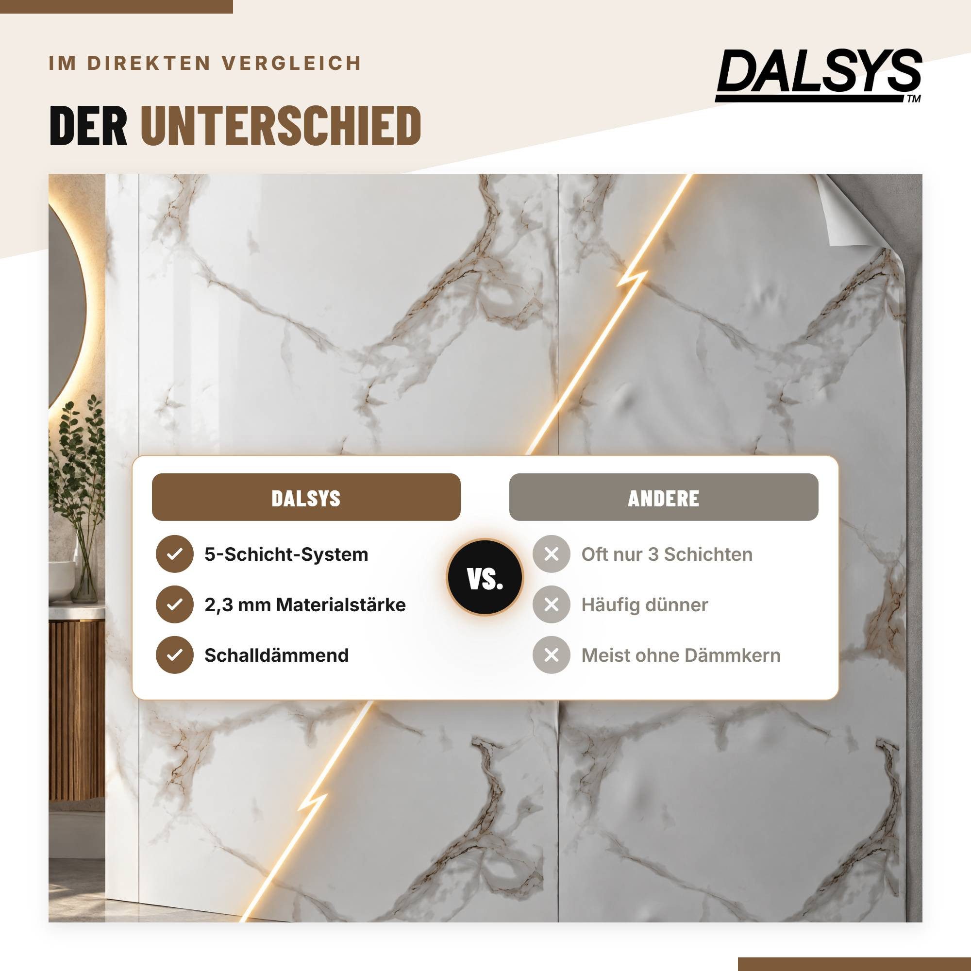 Dalsys Wandpaneel Wandverkleidung selbstklebend aus PVC, BxL: 30x60 cm, (60x30cm Marmoroptik Elfenbein, 10-tlg., flexible Wandverkleidung Badezimmer wasserfest) – Bild 5 von 5