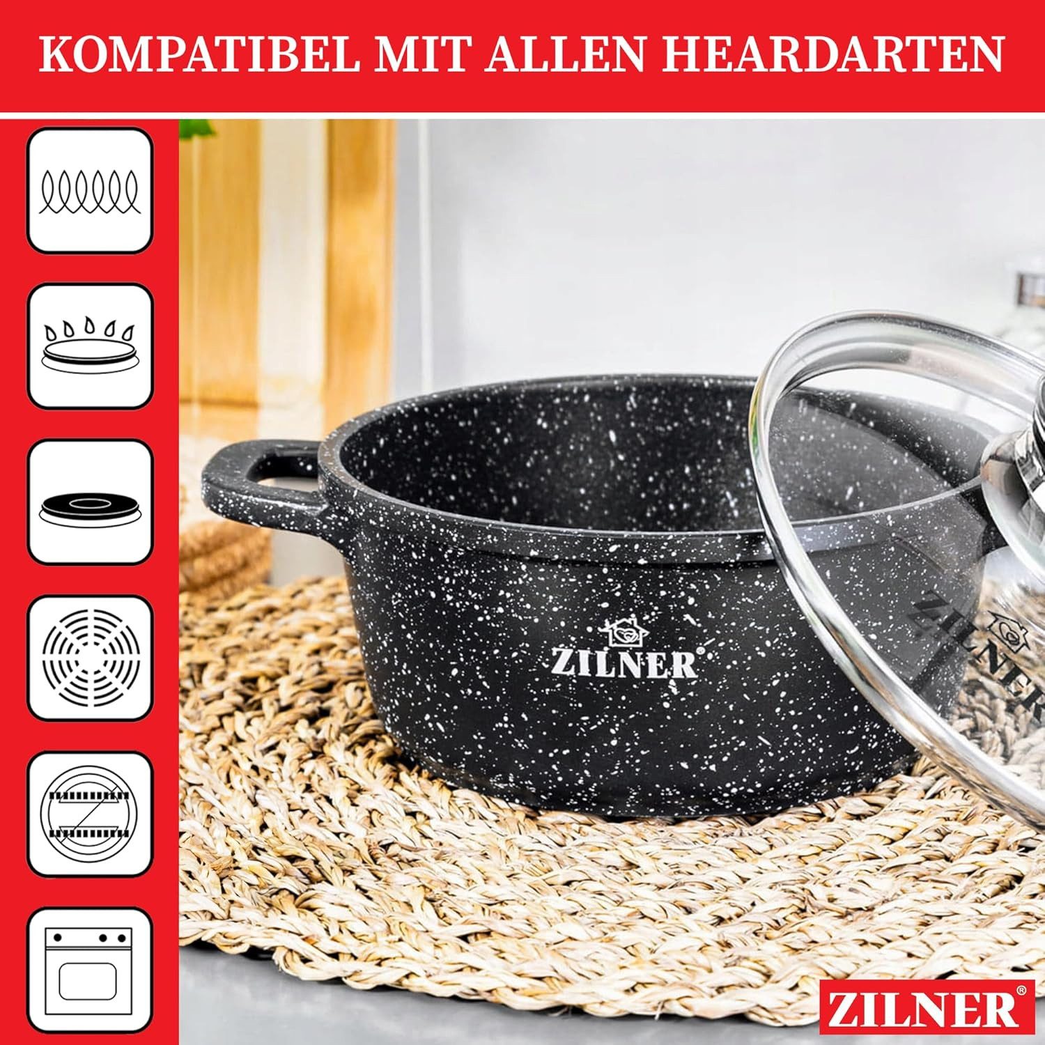Zilner Topf-Set Schöne schwarze Töpfe in 5 verschiedenen Größen mit Steinbeschichtung, Aluminiumguss, Aluminium, Keramik, Edelstahl (Passt in jede Küche! 1.3L / – Bild 4 von 5