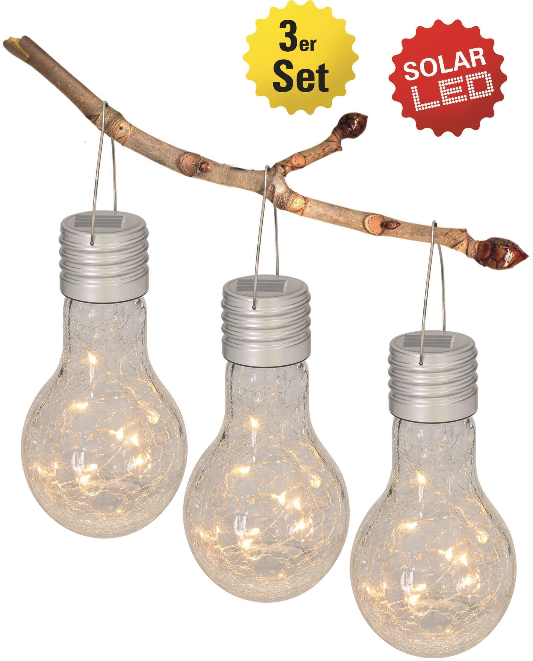 näve LED Gartenleuchte Crackle Bulb, integriert, Glas, Aufhängemöglichkeit, Farbe: Warmweiß, klar, Material: 3er fest LED Set