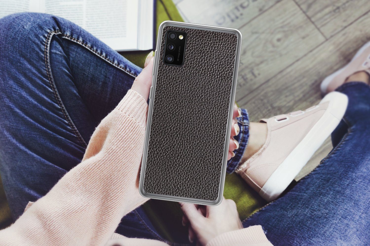 MuchoWow Handyhülle für Samsung Galaxy A41 Leder - Lederoptik - Schwarz - Hell, Smartphone-Bumper, Print, Handy Schutzhülle Dünn