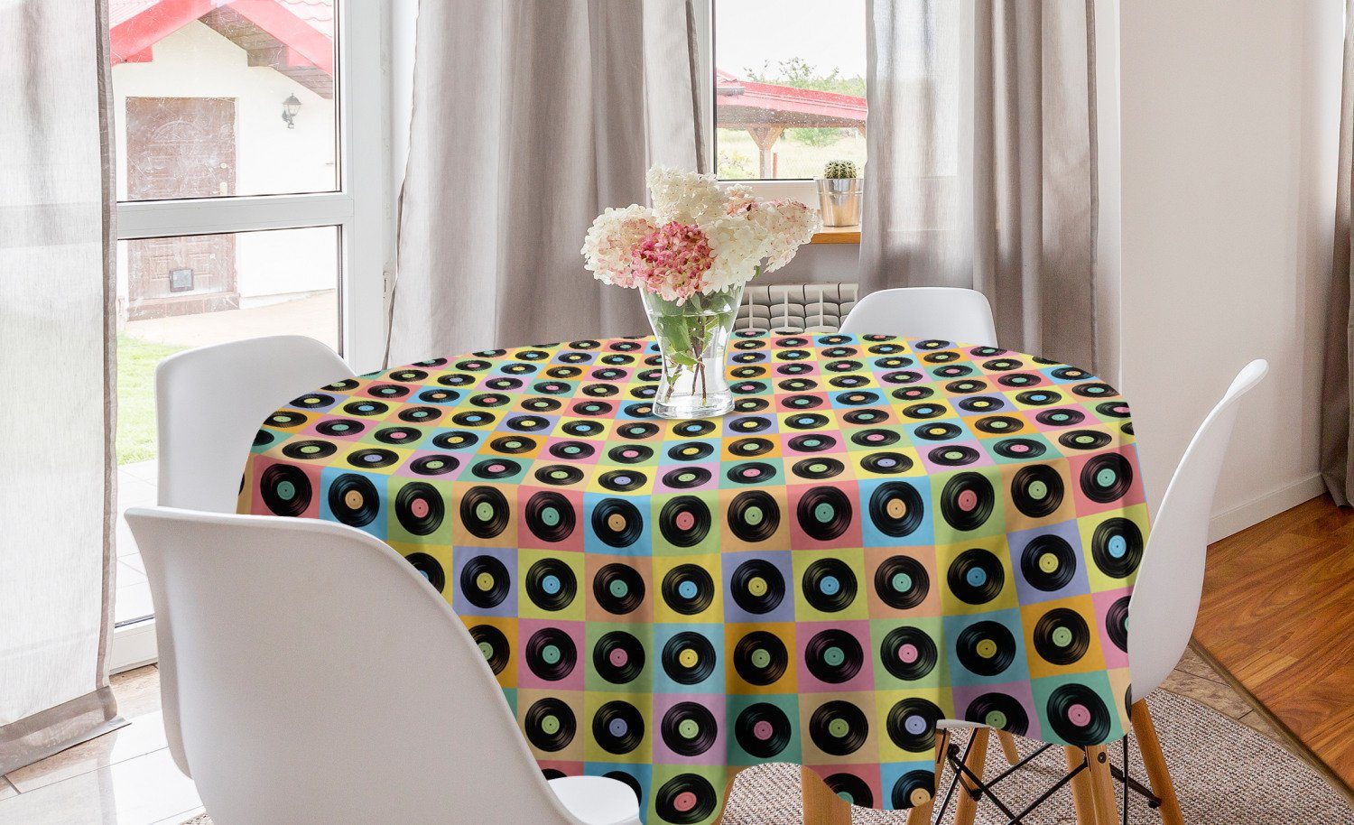 Esszimmer Bunte für Dekoration, Küche Tischdecke Retro Abakuhaus Kreis Tischdecke Abdeckung Vinyl-Scheiben-Muster