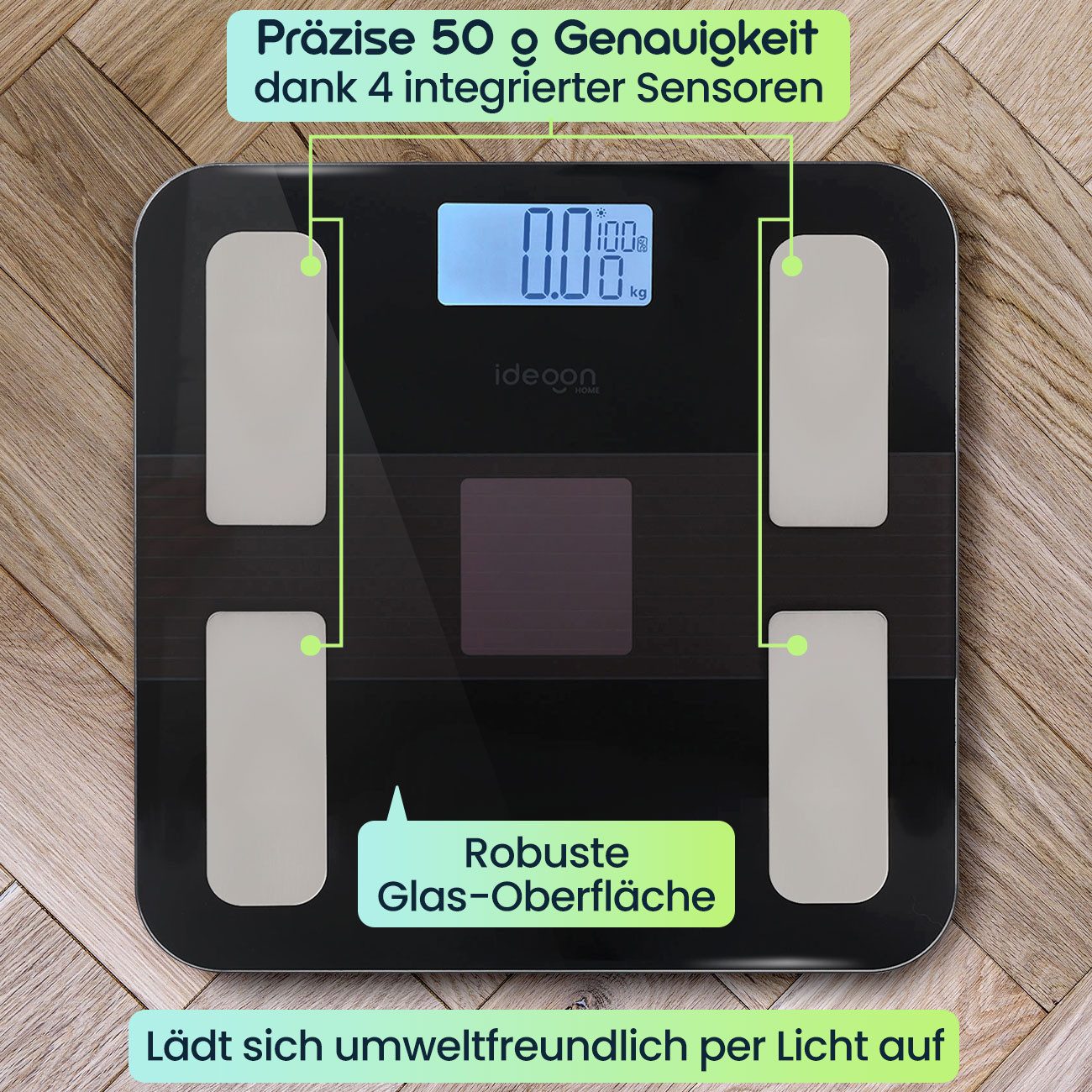 shop'n smile ideoon Körper-Analyse-Waage Körperanalyse-Waage bis 180kg Solar Akku Glas Körperfettwaage App, 4 Sensoren, LED, BMI/Fett/Wasser, App, Bluetooth, bis 180 kg
