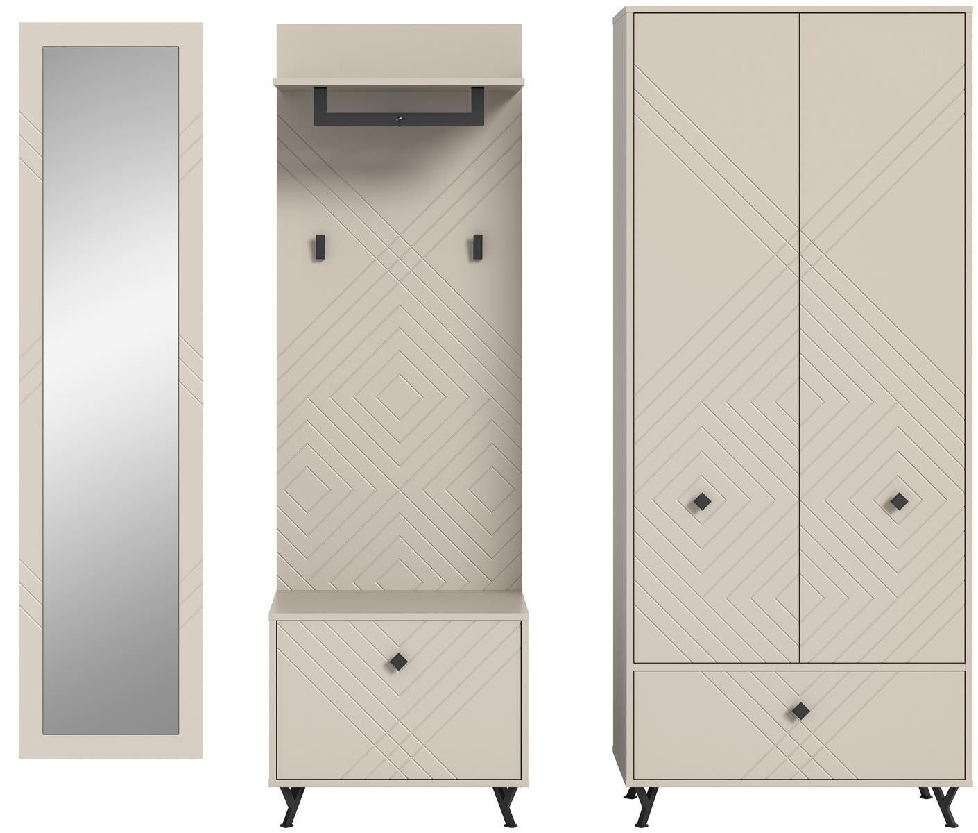 möbelvita Garderoben-Set Memo Garderobenkombination B/H/T 215x190x35 in sandbeige, (1x Spiegel groß, 1x Sitzbank, 1x Paneel, 1x Garderobenschrank), Front mit gefrästen Ornamenten