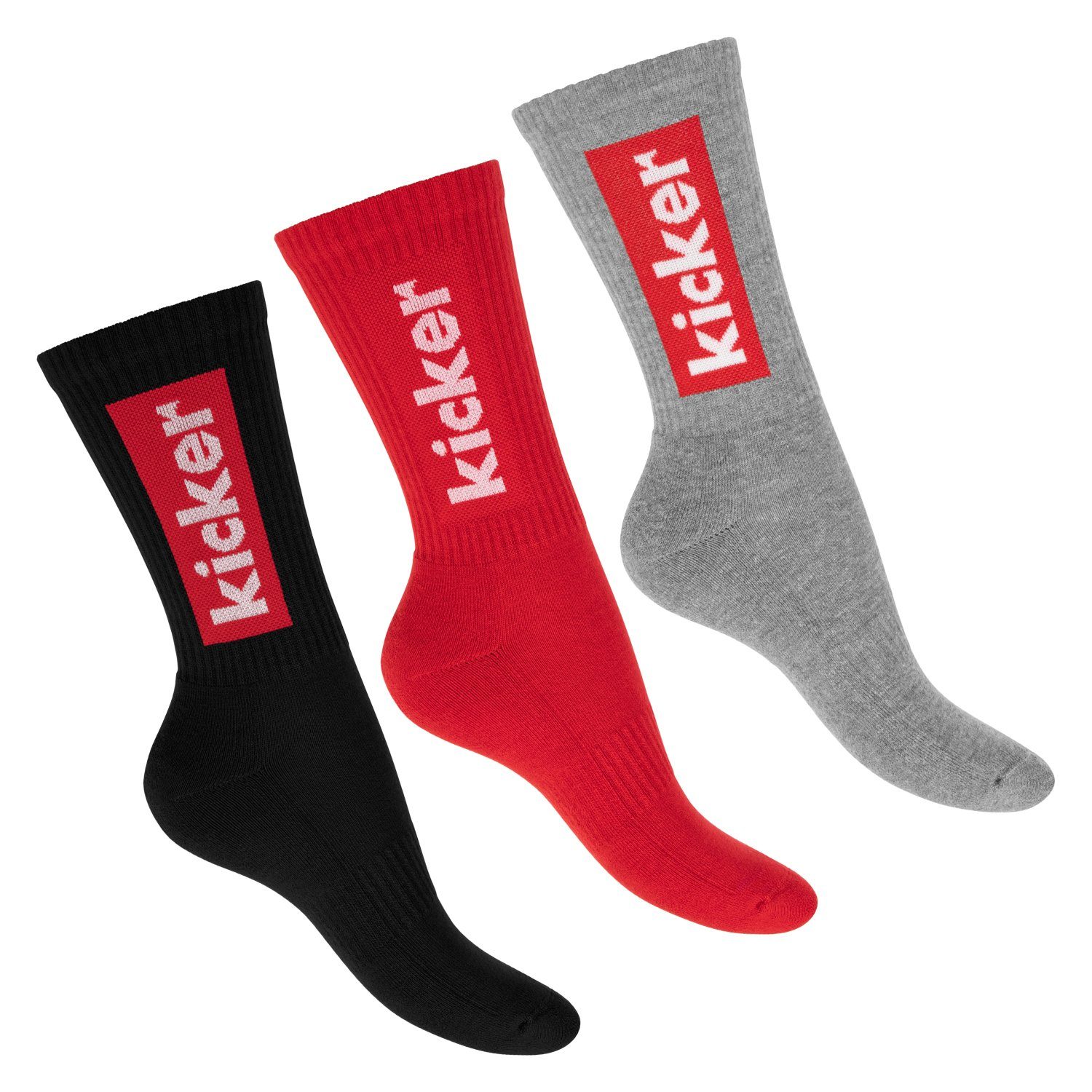Kicker Tennissocken kicker Damen & Herren Crew Socks (3 Paar) Schwarz Rot Grau 39-42 (3-Paar)