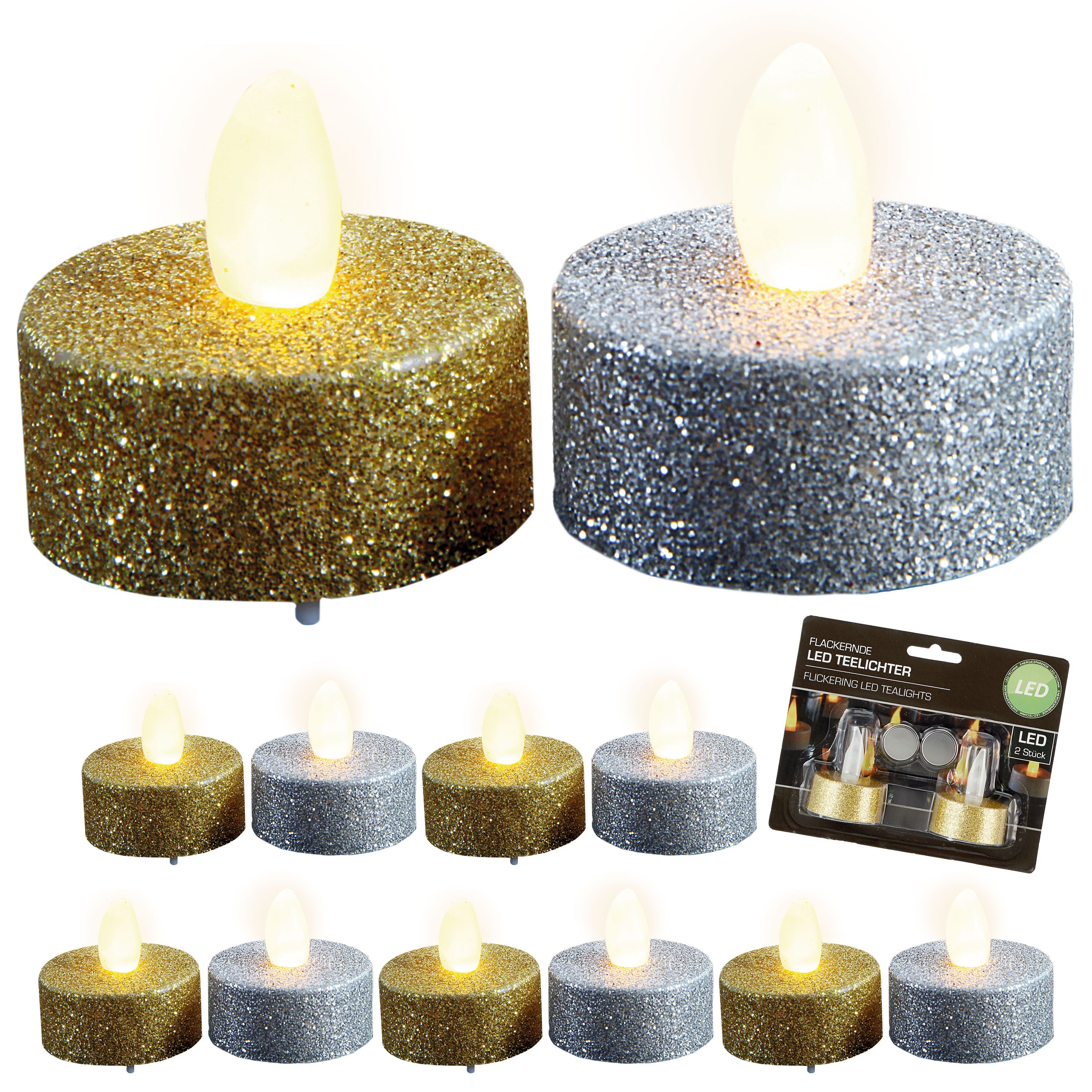 CEPEWA LED Dekolicht LED Teelicht Glitter 12er Set flackernd Ø4xH2cm PP gold silber Kerze