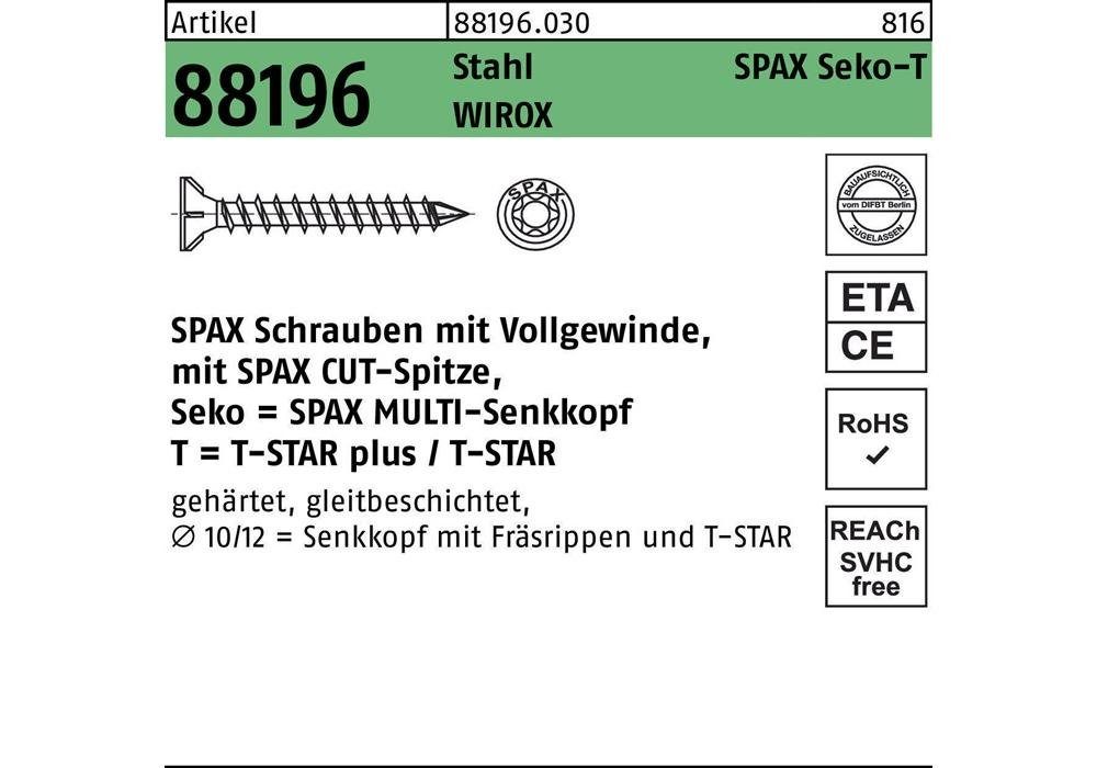 Seko 88196 -T50 galvanisch Schraube Sechskant-Holzschraube x 500 WIROX m.Spitze/T-STAR SPAX R VG verzinkt Stahl 12