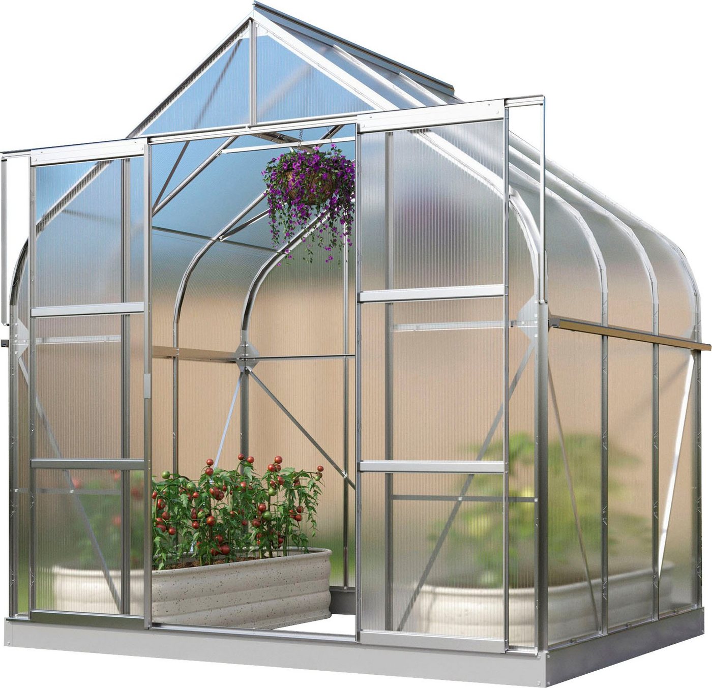 Vitavia Gewächshaus Dione 5000, BxTxH: 263,5 x 195 x 254,5 cm, 4 mm Wandstärke, Alu-Profile, Stahlfundamentrahmen, 4 mm Hohlkammerplatten silberfarben Vitavia Gewächshaus Dione 5000, BxTxH: 263,5 x 195 x 254,5 cm, 4 mm Wandstärke, Alu-Profile, Stahlfundamentrahmen, 4 mm Hohlkammerplatten silberfarben