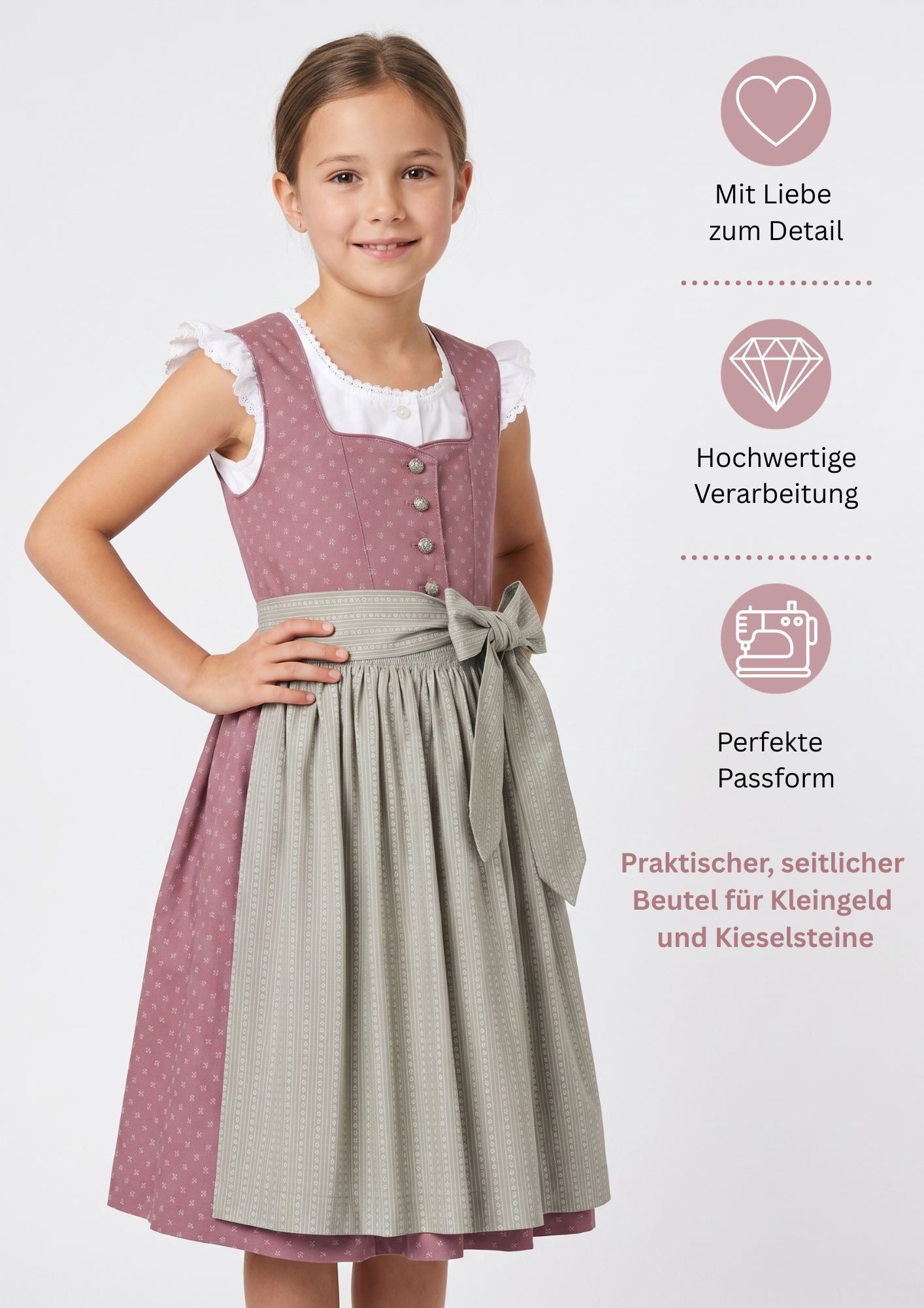 Nübler Dirndl Kinderdirndl Fabia in Altrosa-Stein von Nübler - Rocklänge knielang