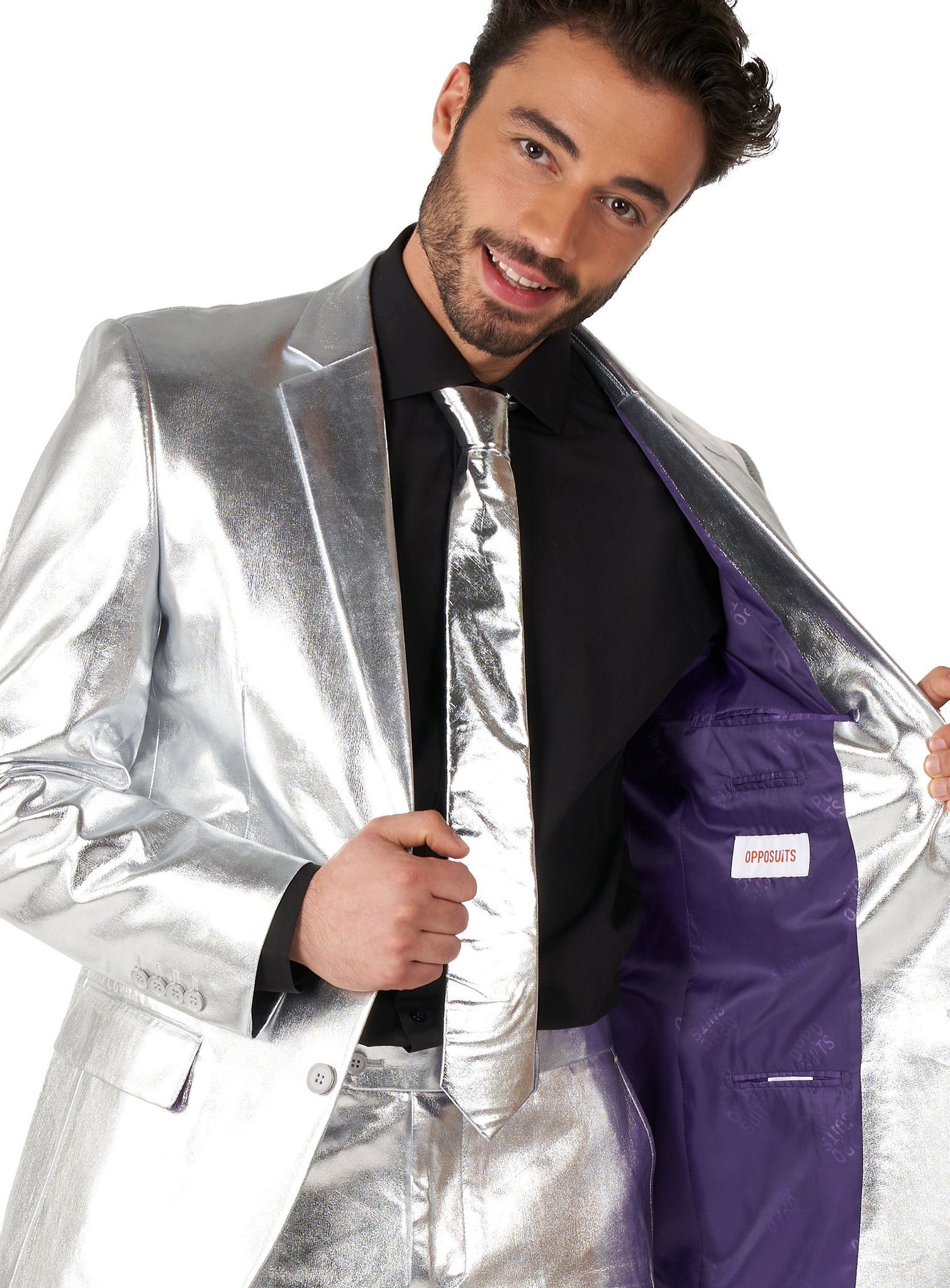 Opposuits Anzug Shiny Silver Kostüm Anzug - Für Karneval Silvester Makes you shine: (Raum)Anzug in metallisch-futuristischem Silber