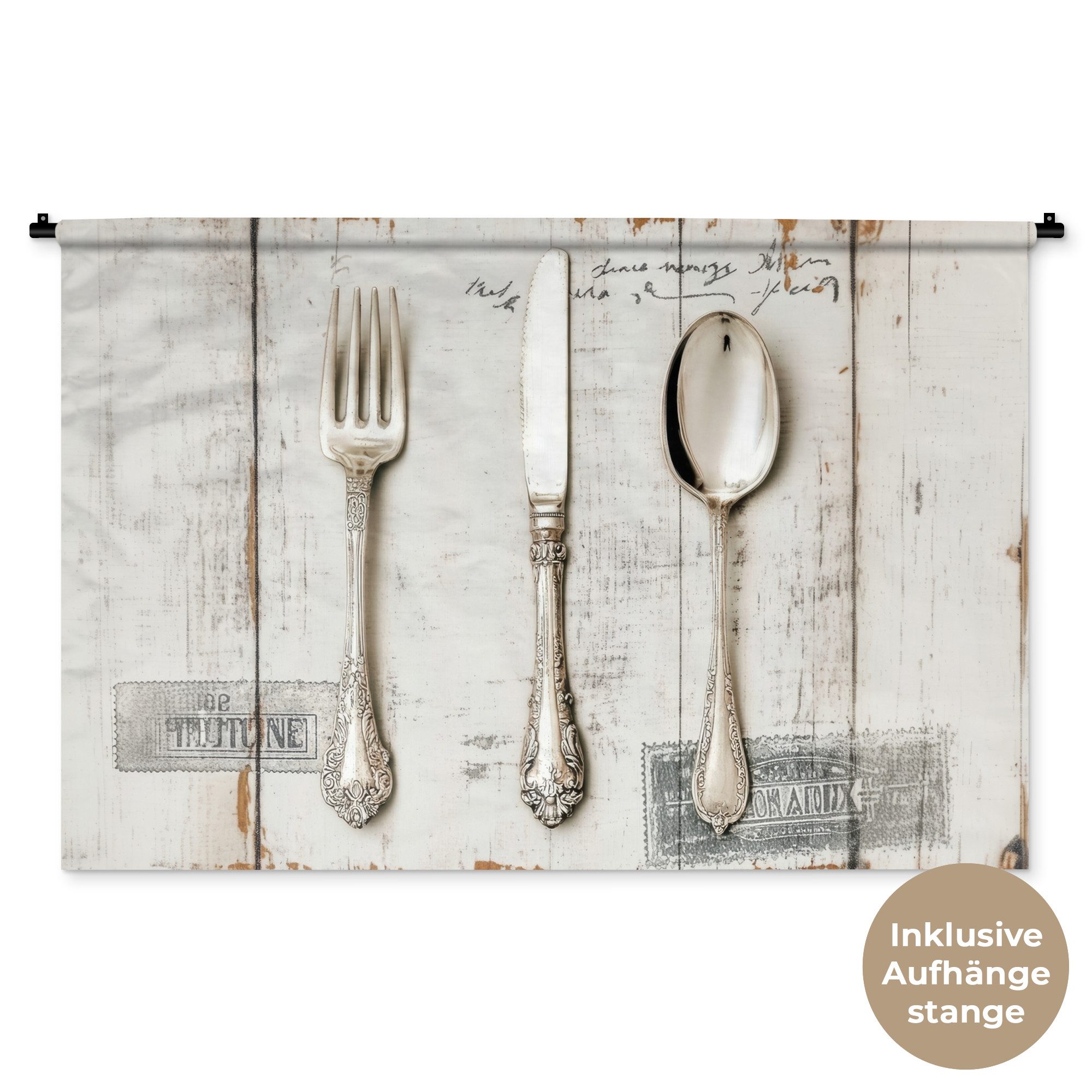 MuchoWow Wandteppich Silber - Besteck - Holz, Rechteckig, Höhe: 3 mm, Wandtuch, Wanddekoobjekt, 120x80 cm