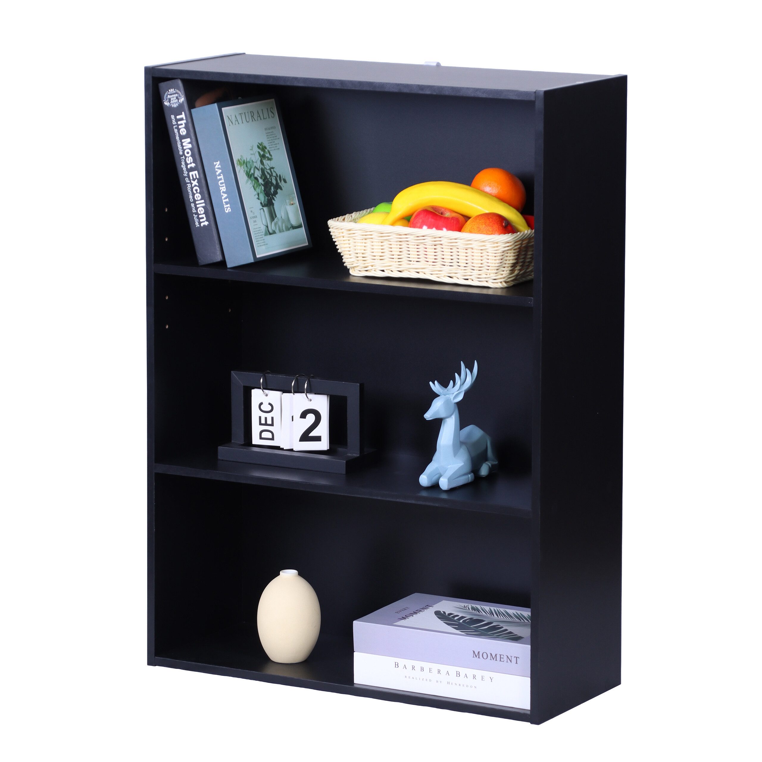 relaxdays Bücherregal mit verstellbaren Böden, 1-tlg., schwarz, 3 Ebenen